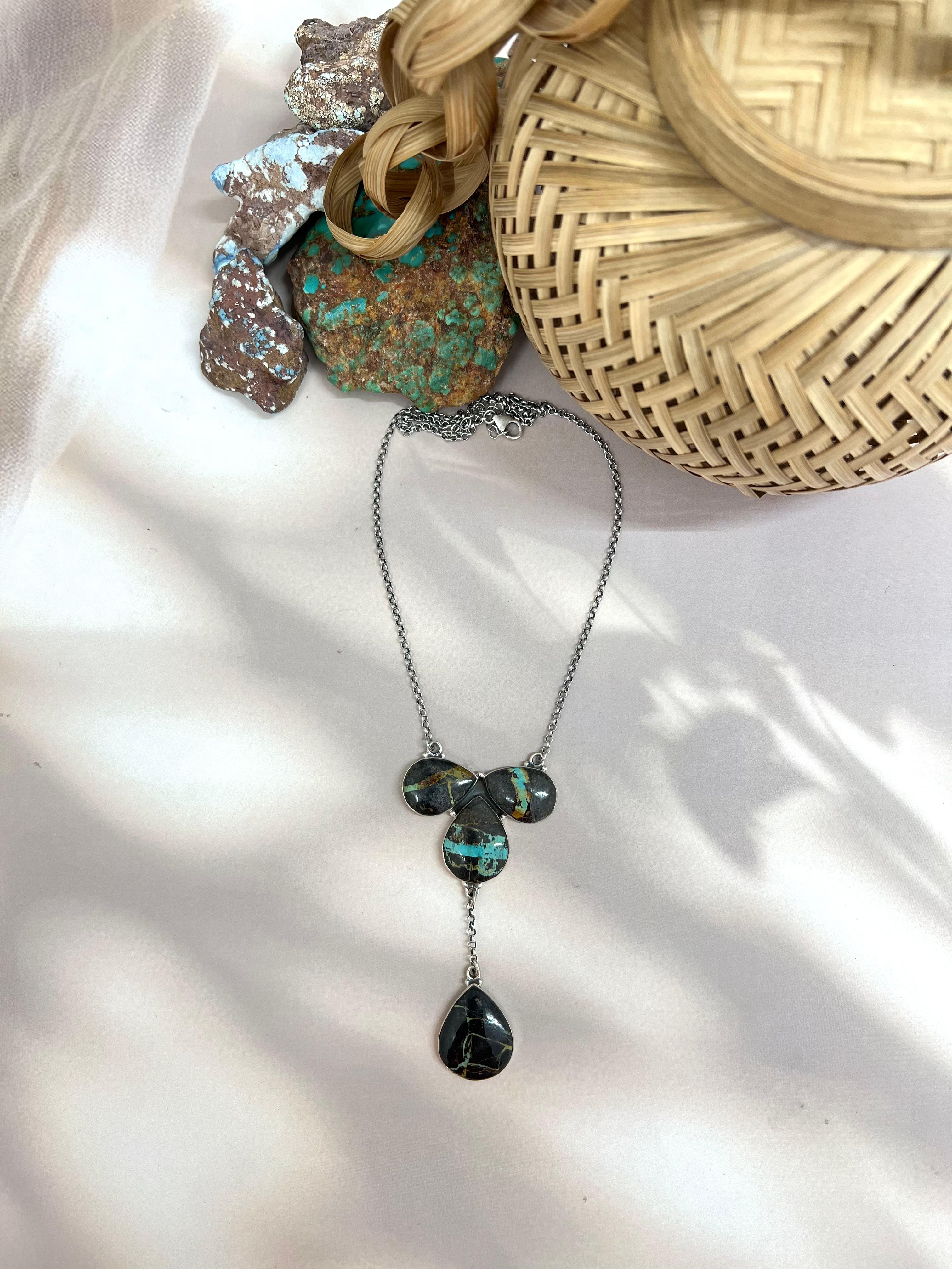 Handmade Sterling Silver Blackjack Turquoise Necklace Signed Nizhoni