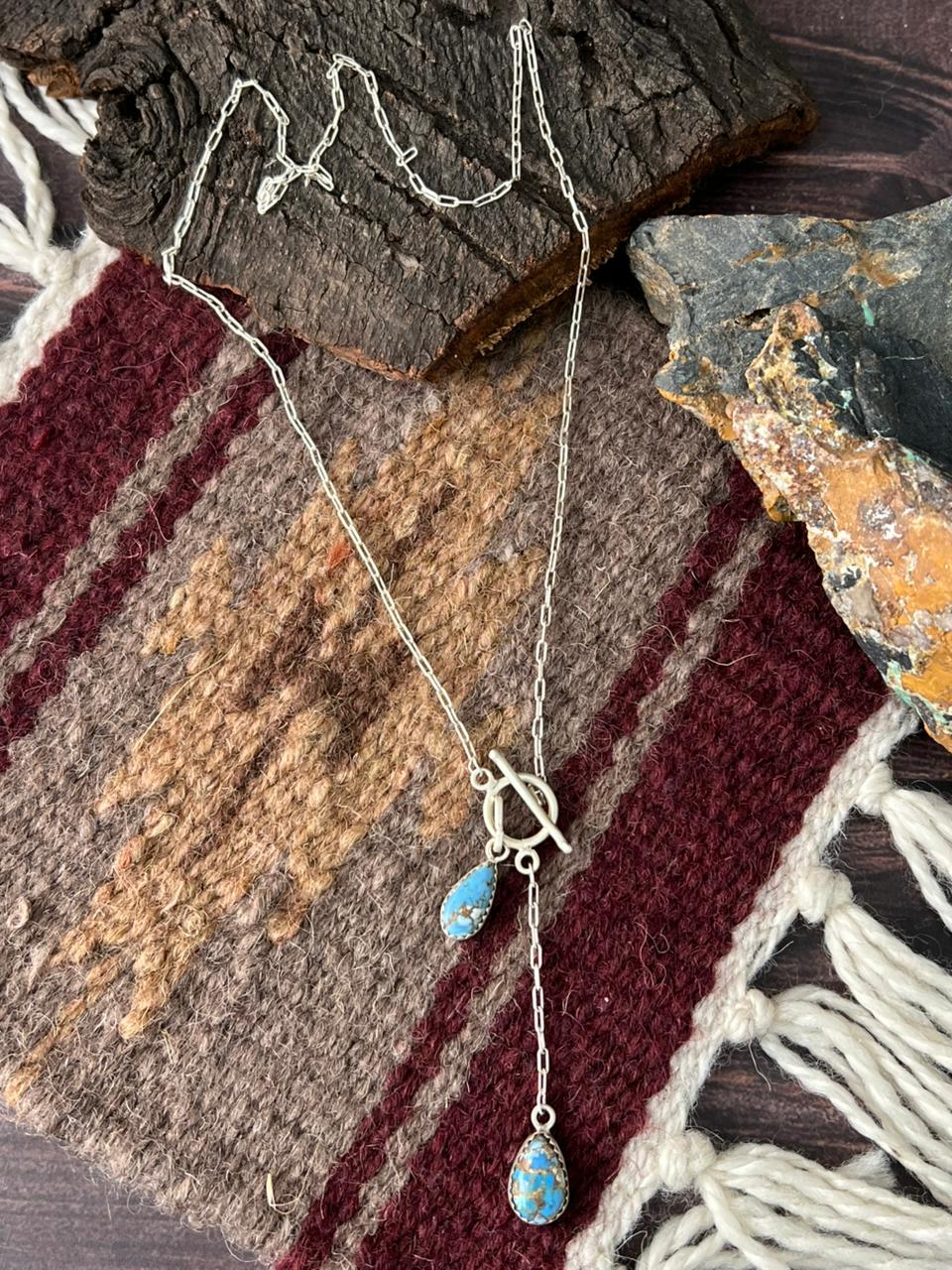 Handmade Sterling Silver Golden Hills Turquoise Lariat Necklace "Signed Nizhoni"
