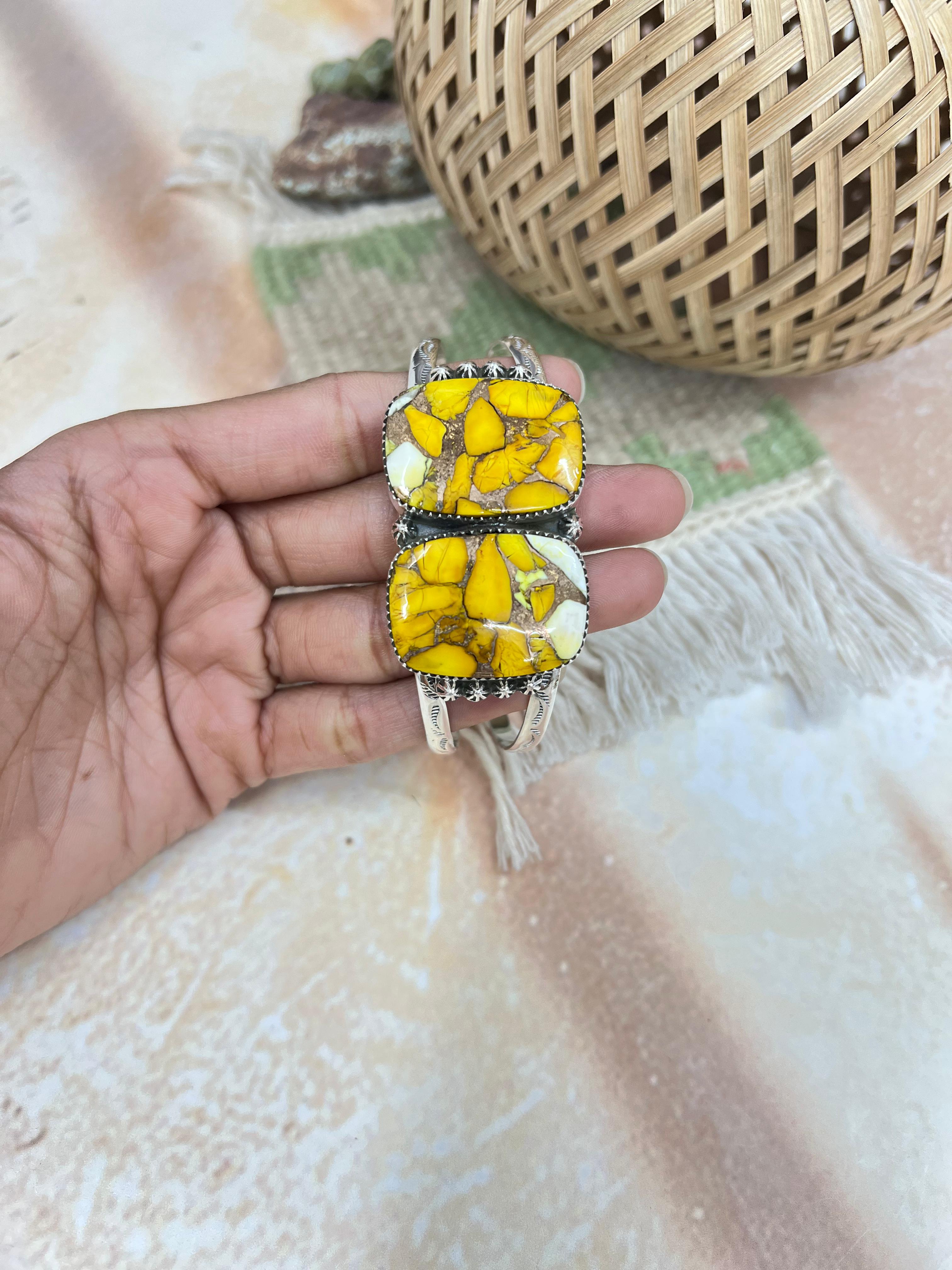 Handmade Sterling Silver Honey Dahlia Cuff Bracelet with Signed Nizhoni