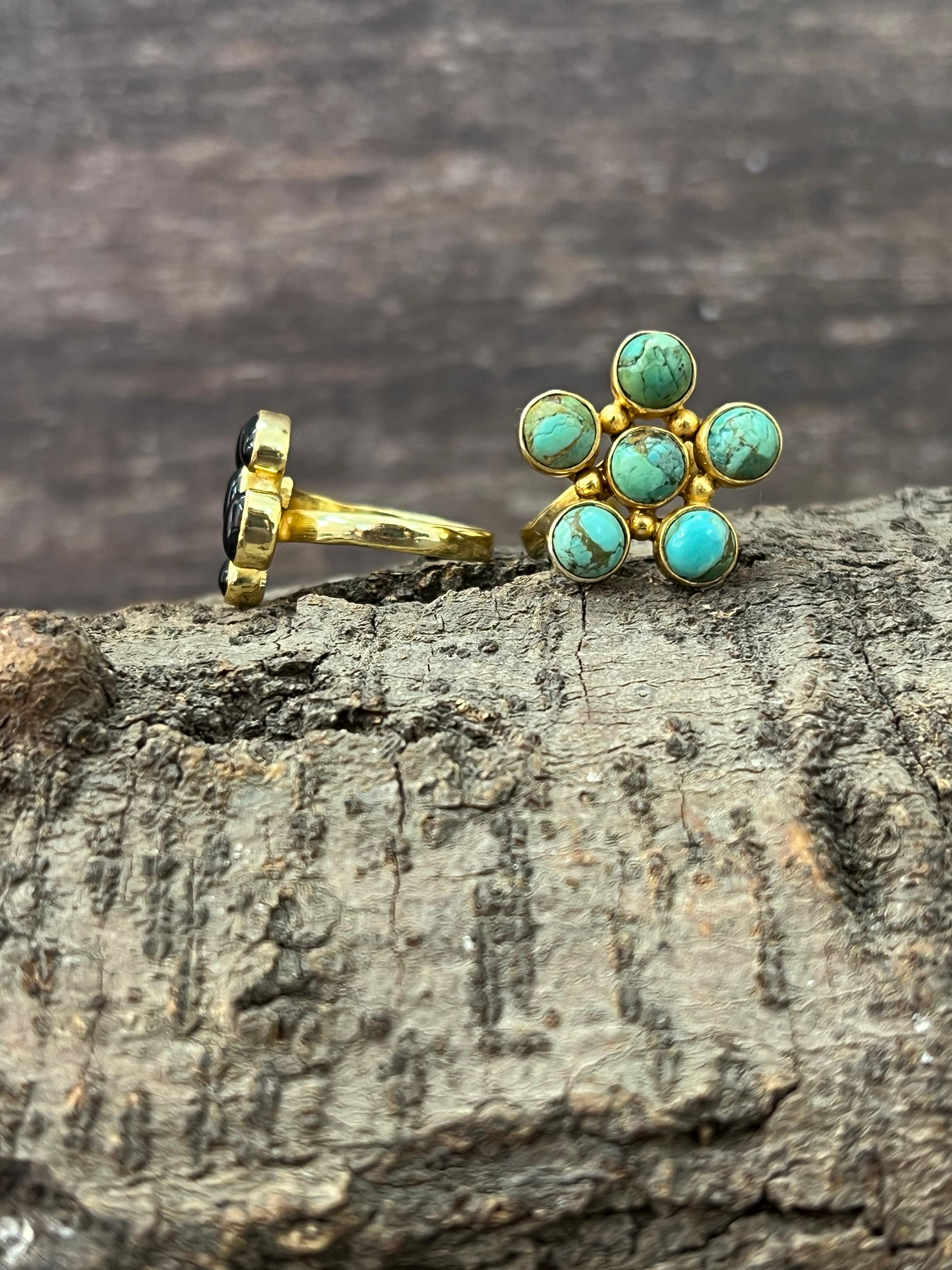 “The Golden Collection” Natural Old Stock Royston Turquoise, Black Onyx Adjustable Ring