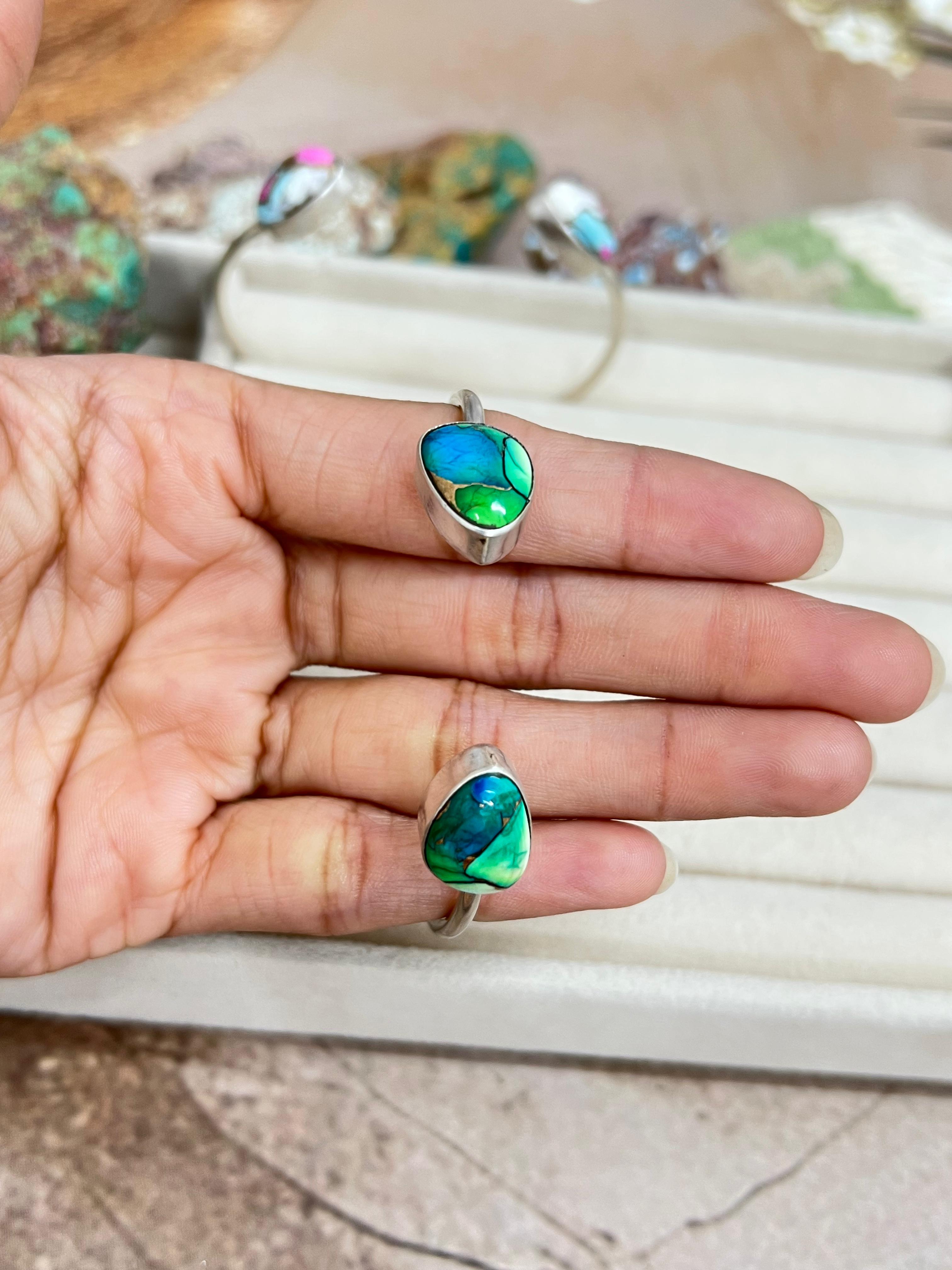 Handmade Sterling Silver Peacock Dahlia, Cotton Candy Turquoise, Dahlia Rose Cuff Bracelet with Signed Nizhoni