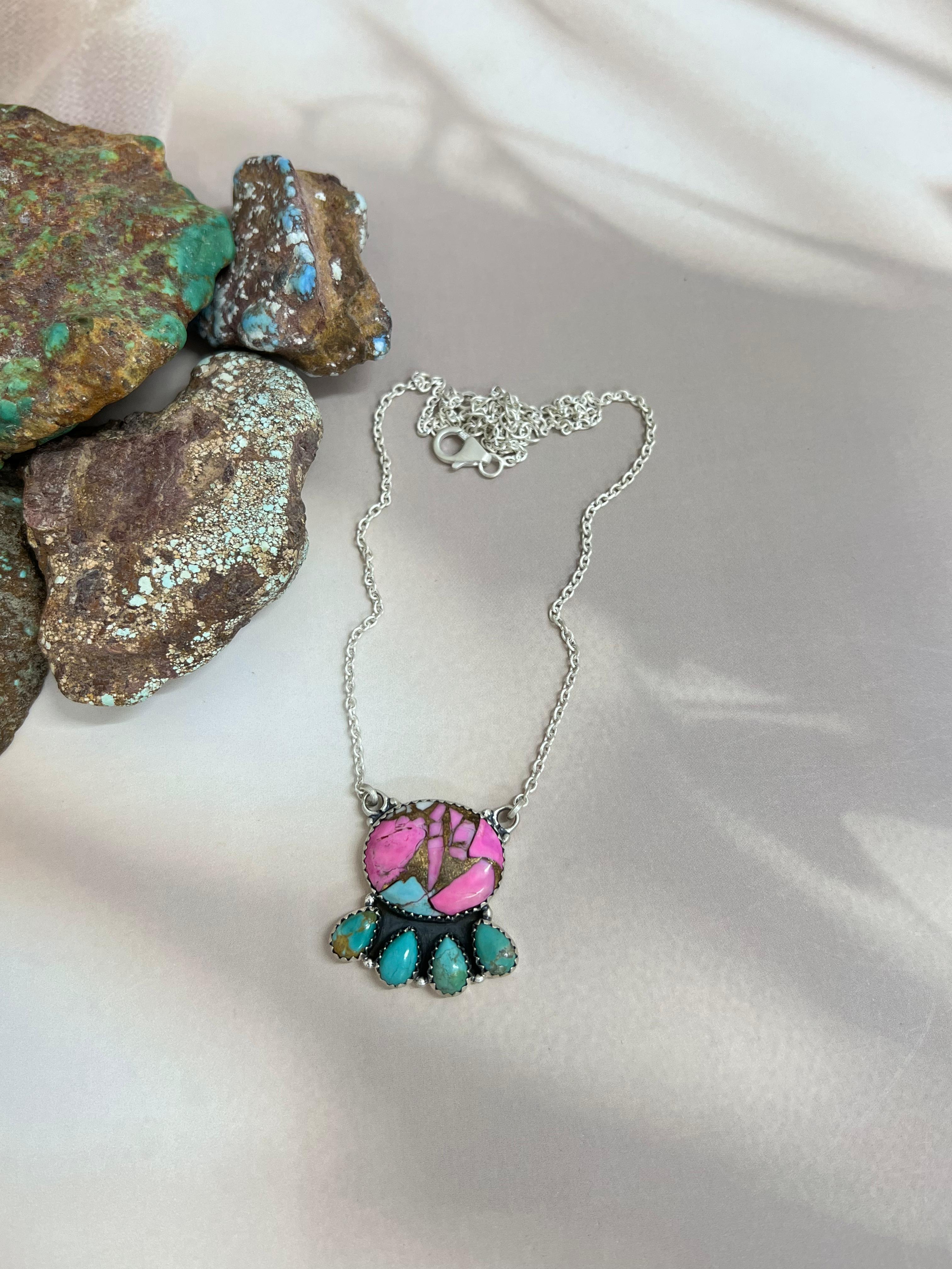 Handmade Sterling Silver Cotton Candy & Kingman Turquoise Necklace Signed Nizhoni