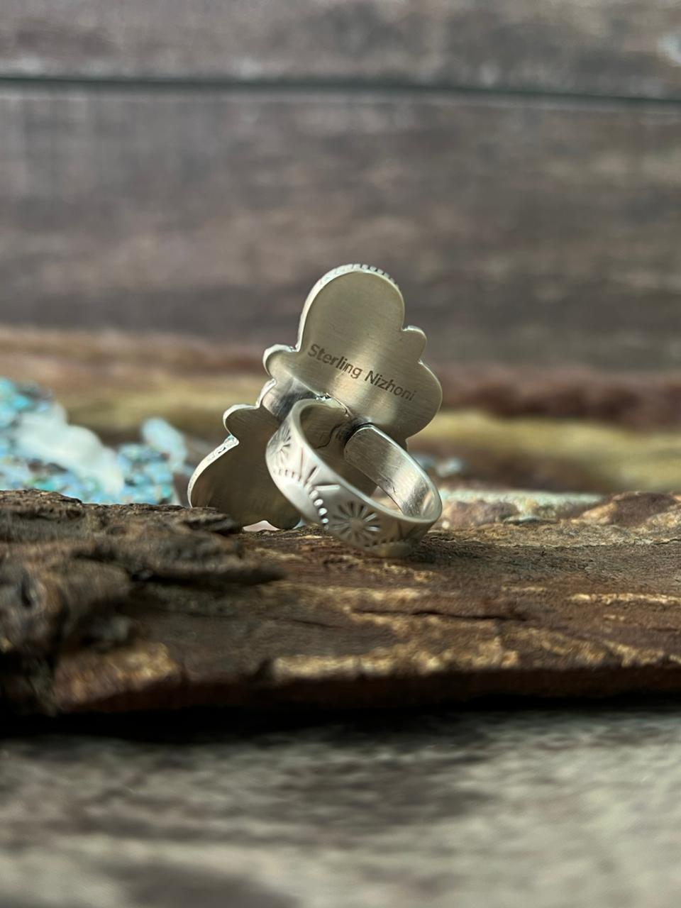 Handmade Sterling Silver 'Golden Hills Turquoise Cobble Collection' Adjustable Ring "Signed Nizhoni"