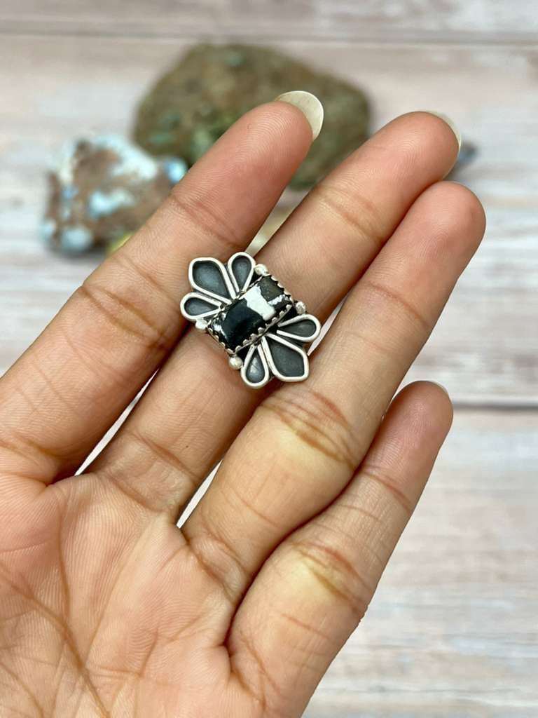 Handmade Sterling Silver White Buffalo Adjustable Ring "Signed Nizhoni"