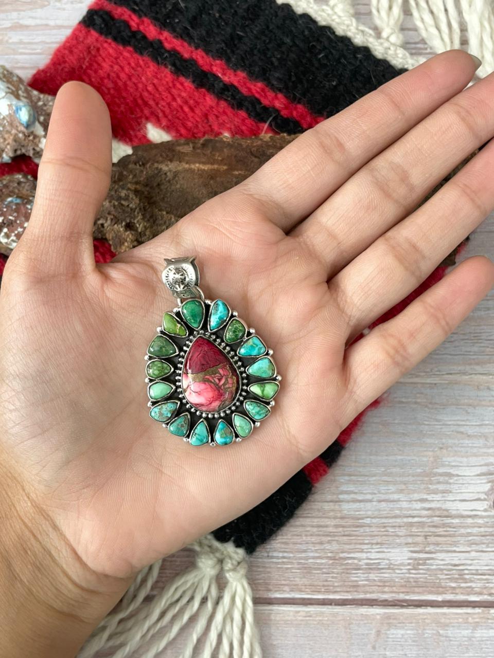 Handmade Sterling Silver Dahlia Rose with Emerald Valley Turquoise Pendant "Signed Nizhoni"