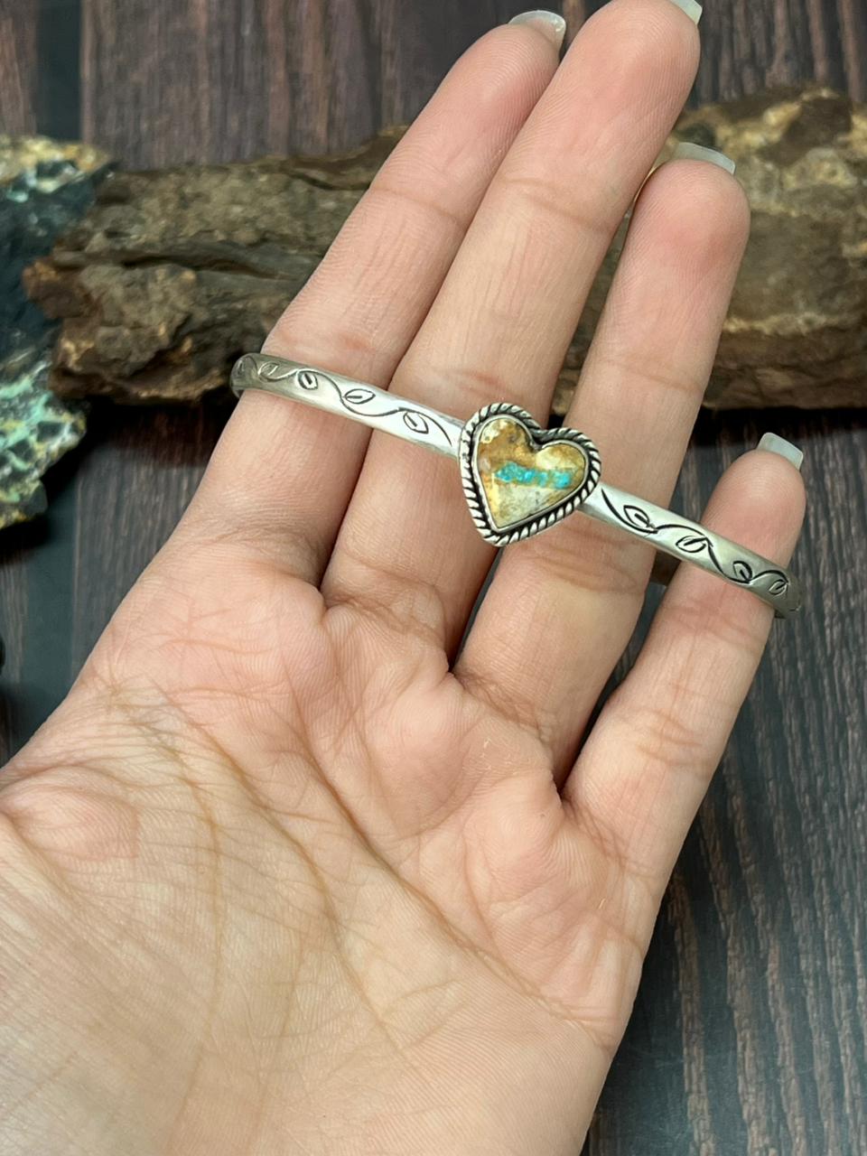 Handmade Sterling Silver Royston Ribbon Turquoise Heart Cuff Bracelet "Signed Nizhoni"