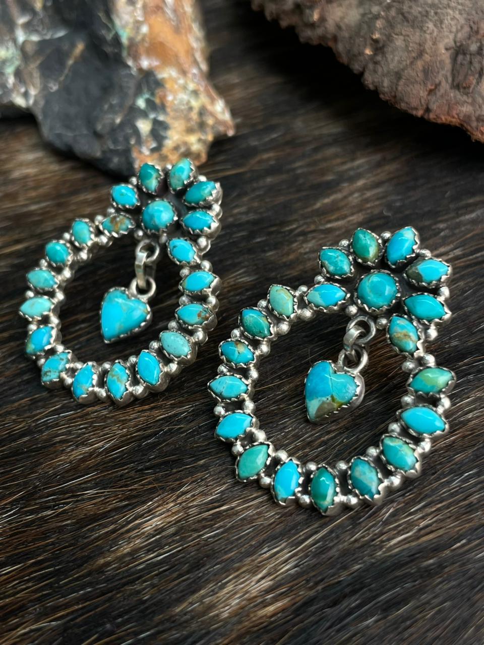 Handmade Sterling Silver Kingman Turquoise Post Dangle Hoop Earrings "Signed Nizhoni"