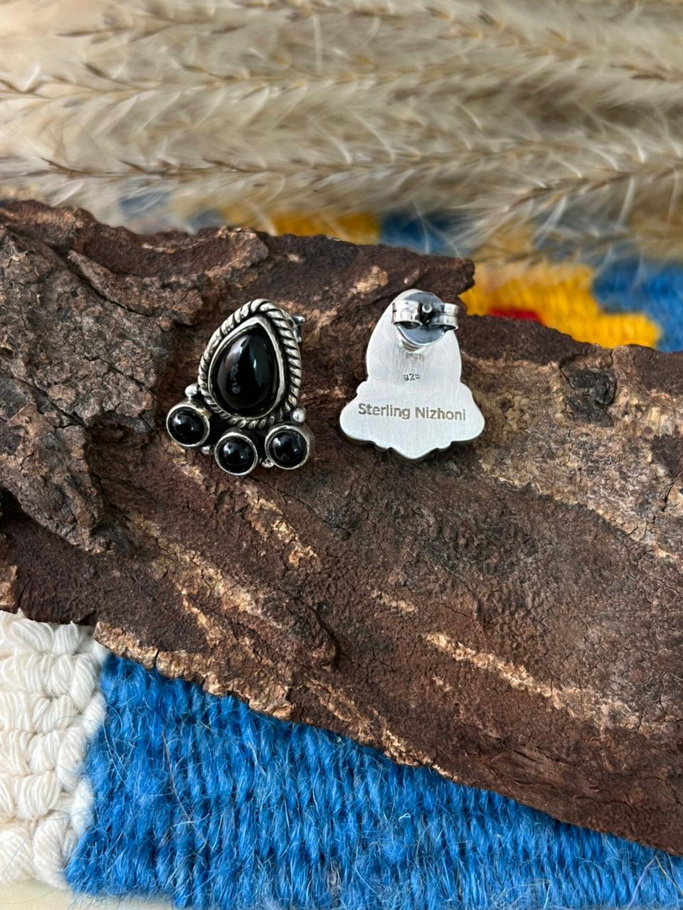 Handmade Sterling Silver Black Onyx Post Studs Earrings "Signed Nizhoni"