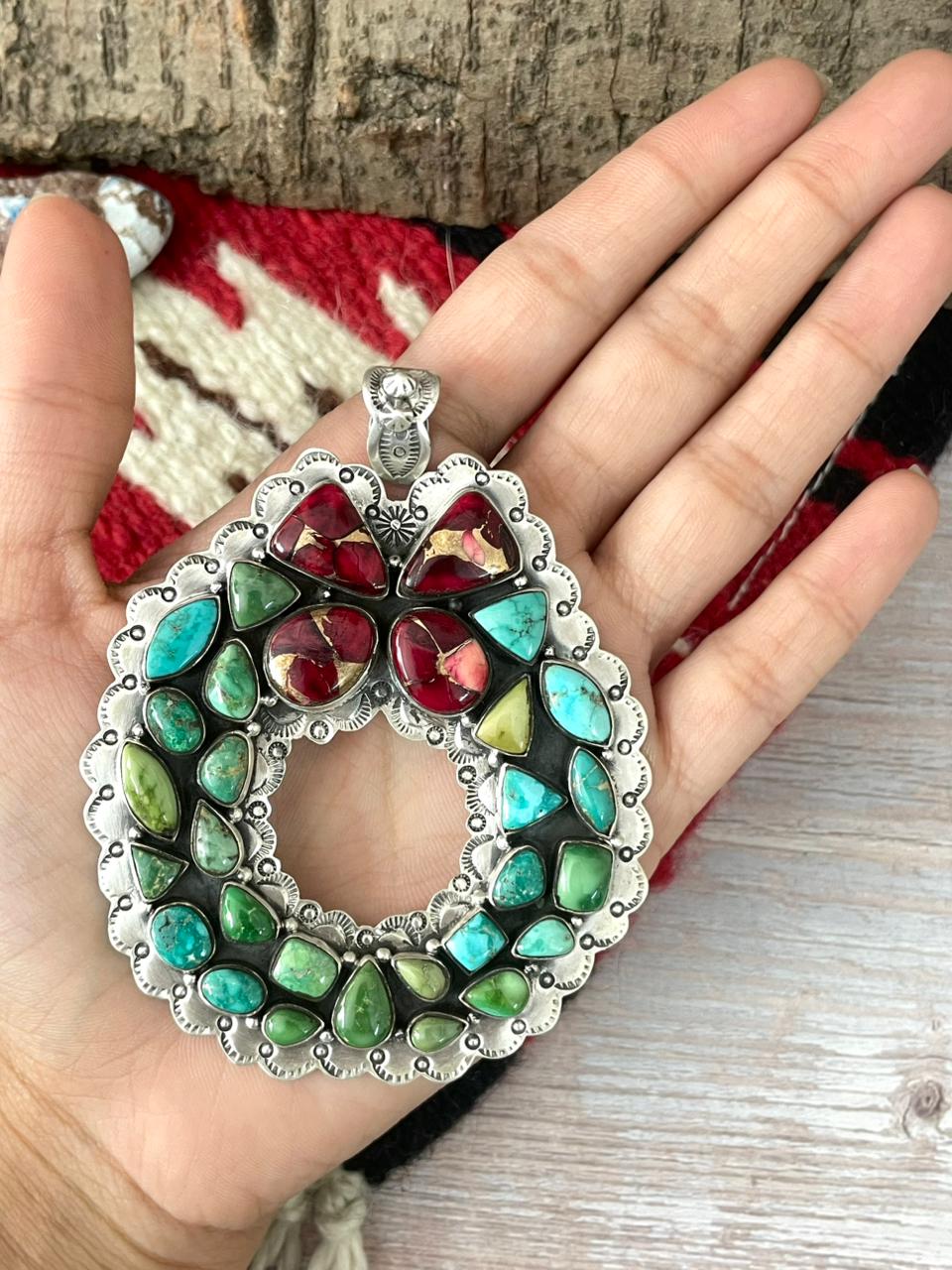 Handmade Sterling Silver Dahlia Rose with Emerald Valley Turquoise Pendant "Signed Nizhoni"