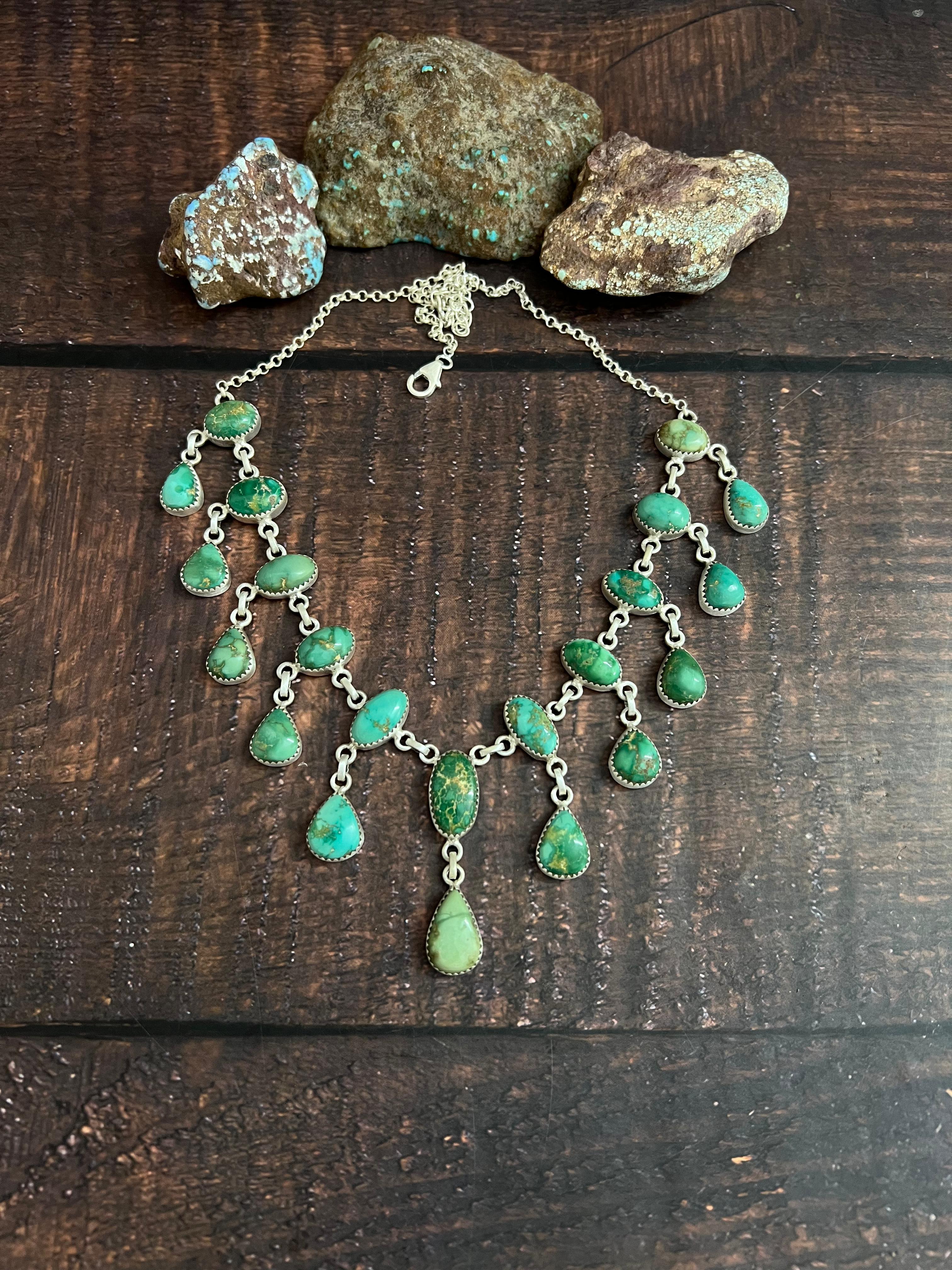 Handmade Sterling Silver Kingman Turquoise Necklace with Signed Nizhoni