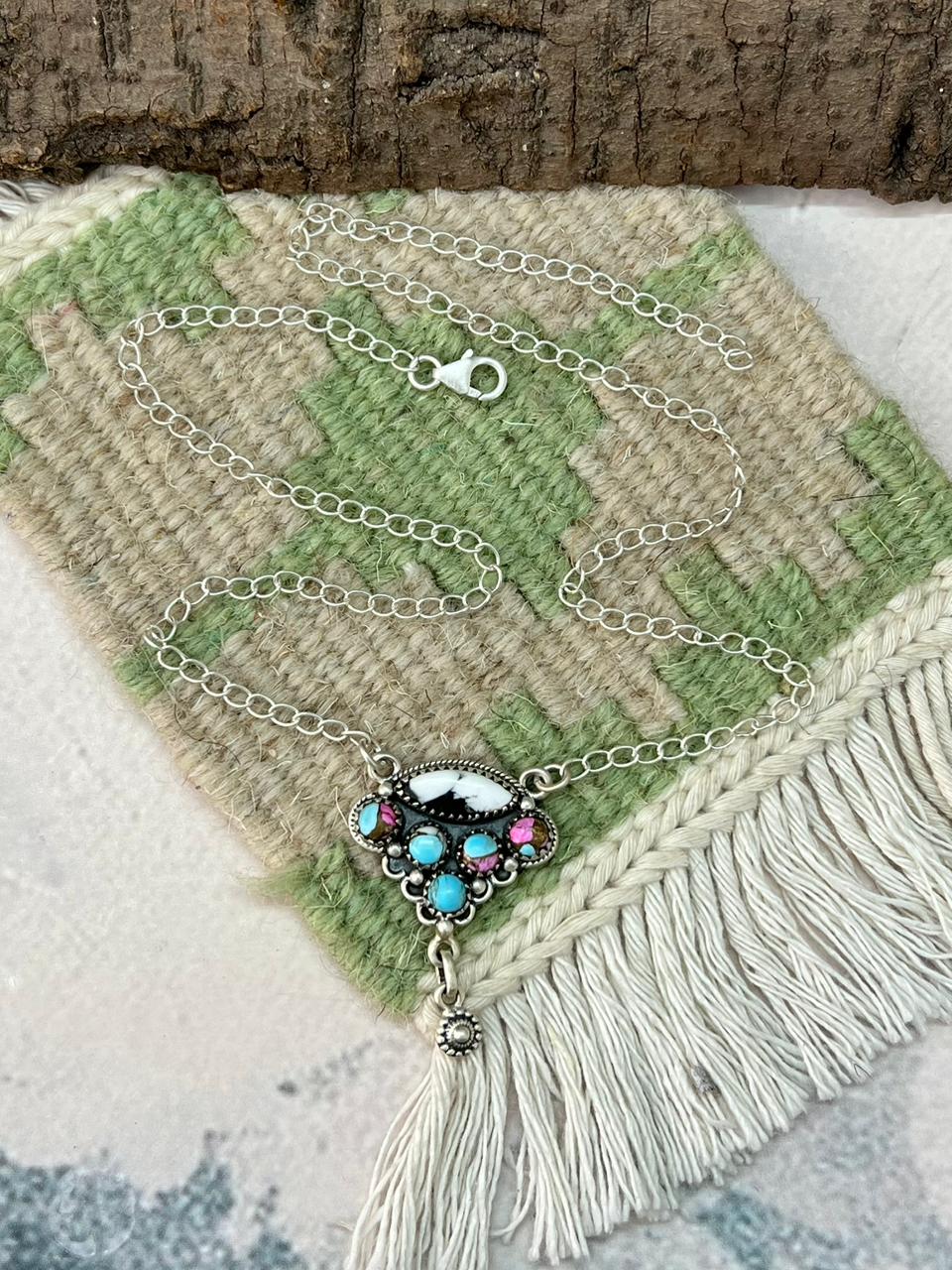 Handmade Sterling Silver Cotton Candy with White Buffalo Necklace "Signed Nizhoni"