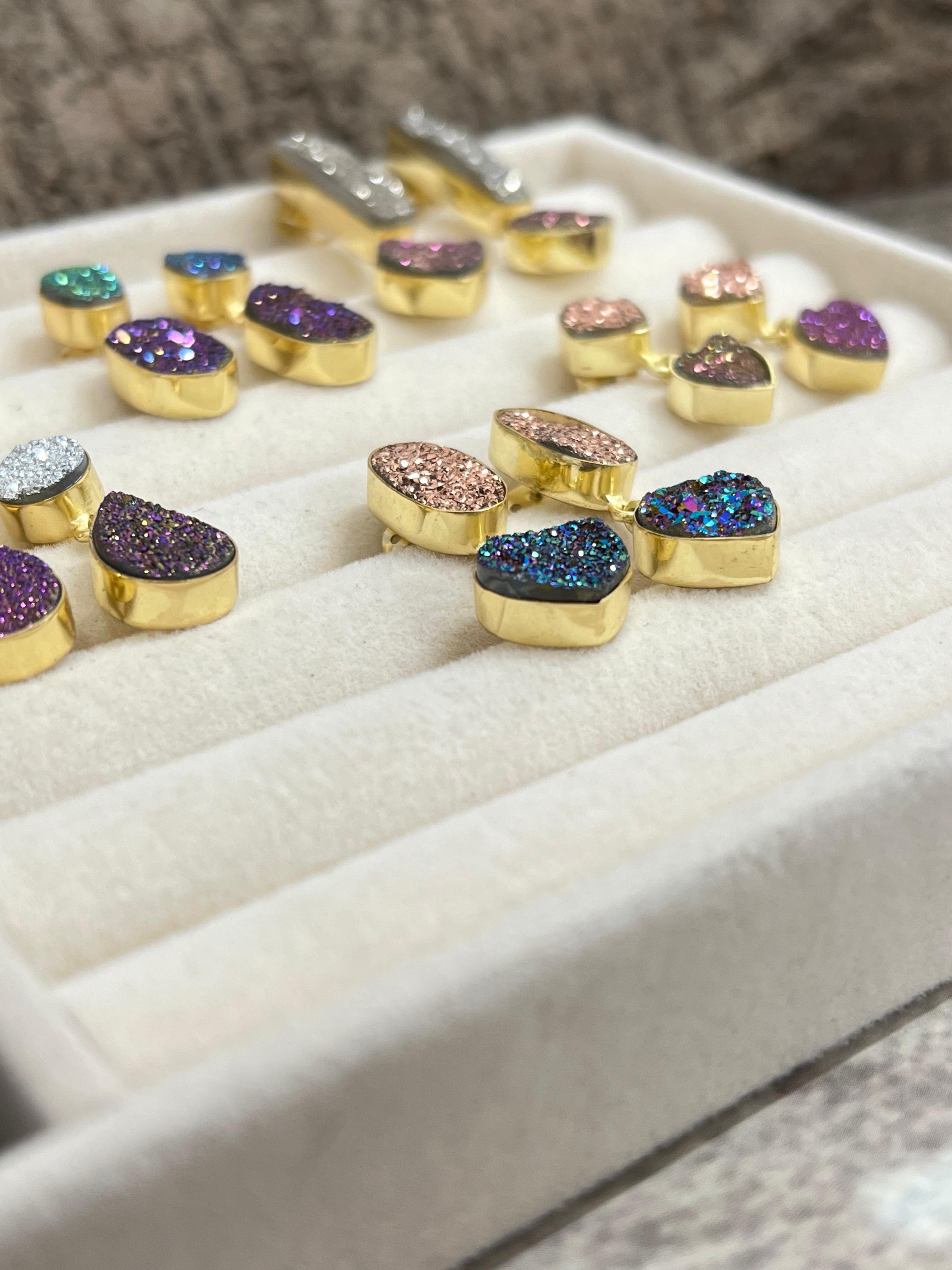 “The Boho Collection” Natural Handmade 2 Stone Druzy Post Dangle Earrings