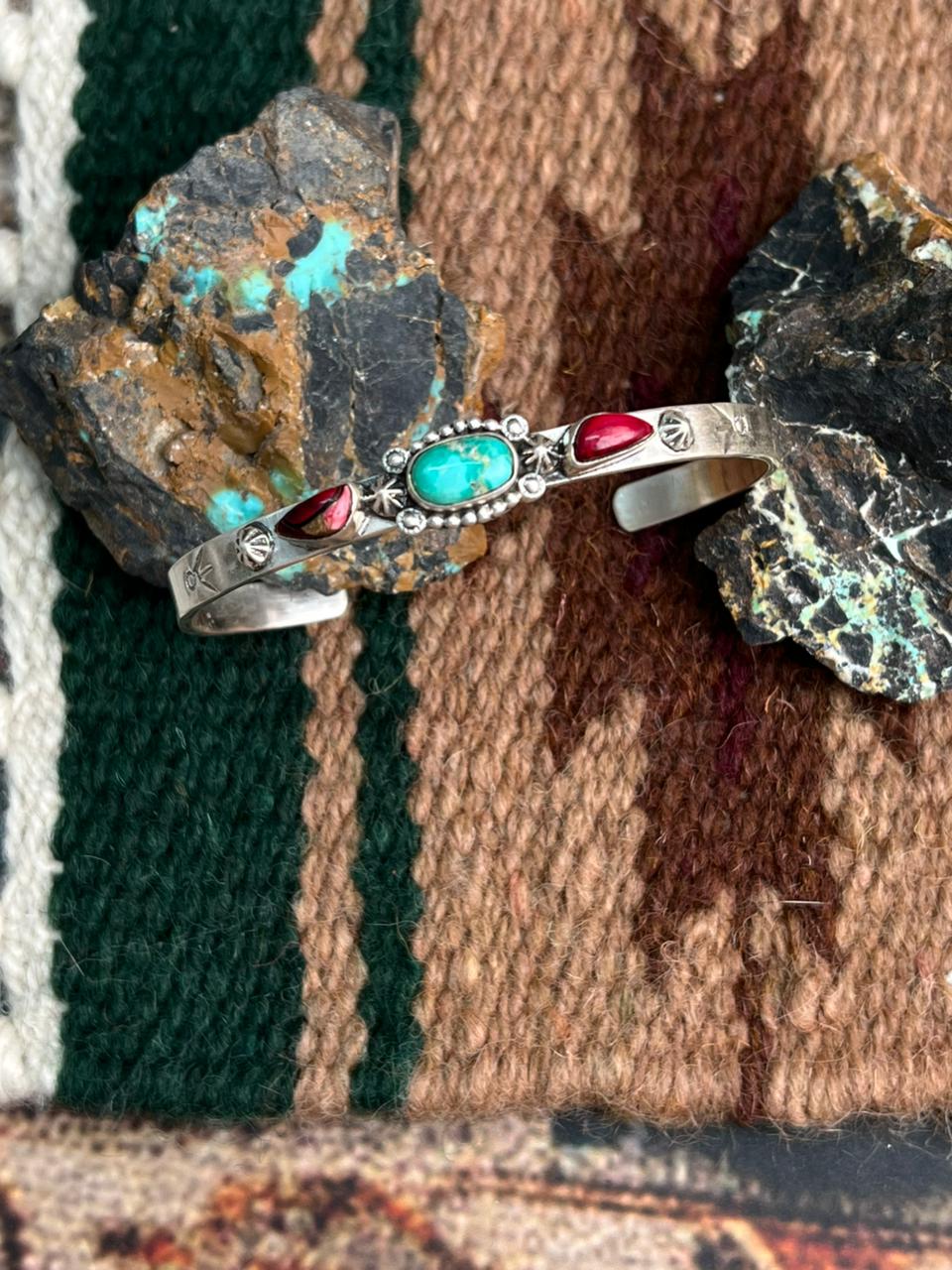 Handmade Sterling Silver Dahlia Rose with Emerald Valley Turquoise Cuff Bracelet "Signed Nizhoni"
