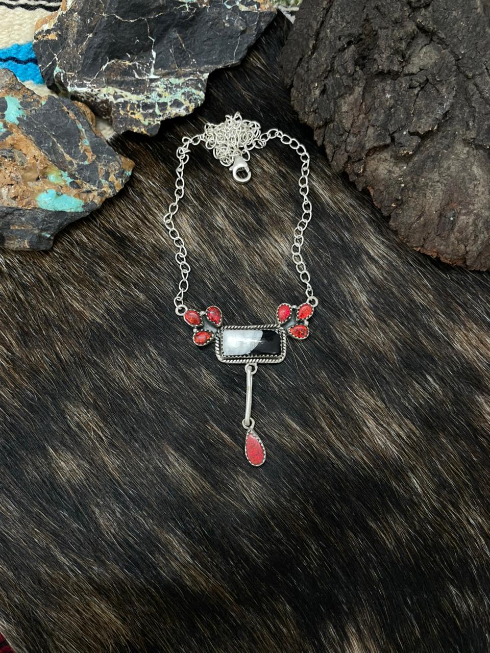 Handmade Sterling Silver White Buffalo with Red Opal Necklace "Signed Nizhoni"