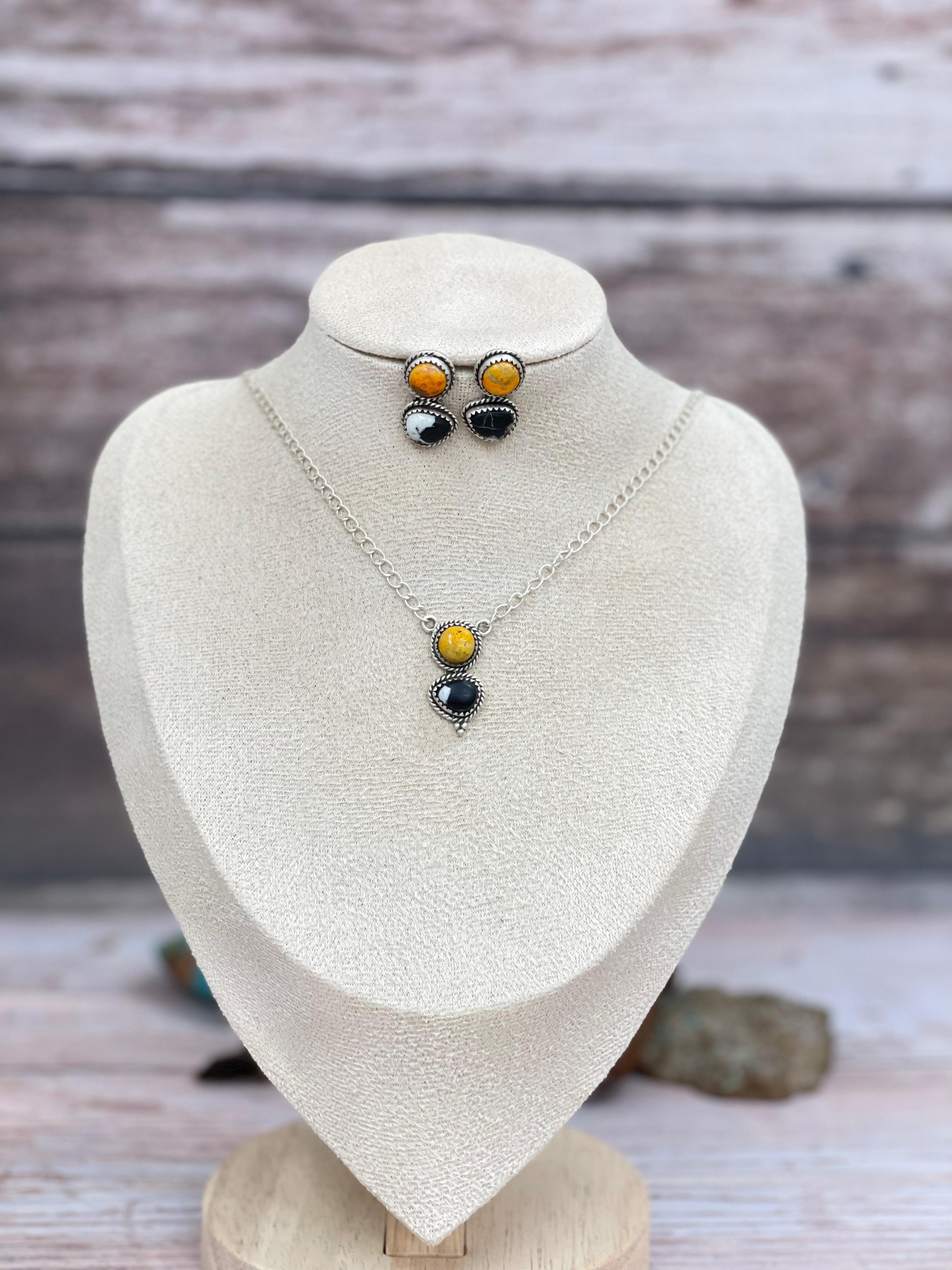"Halloween Collection" Handmade Sterling Silver White Buffalo, Bumblebee Necklace with Signed Nizhoni