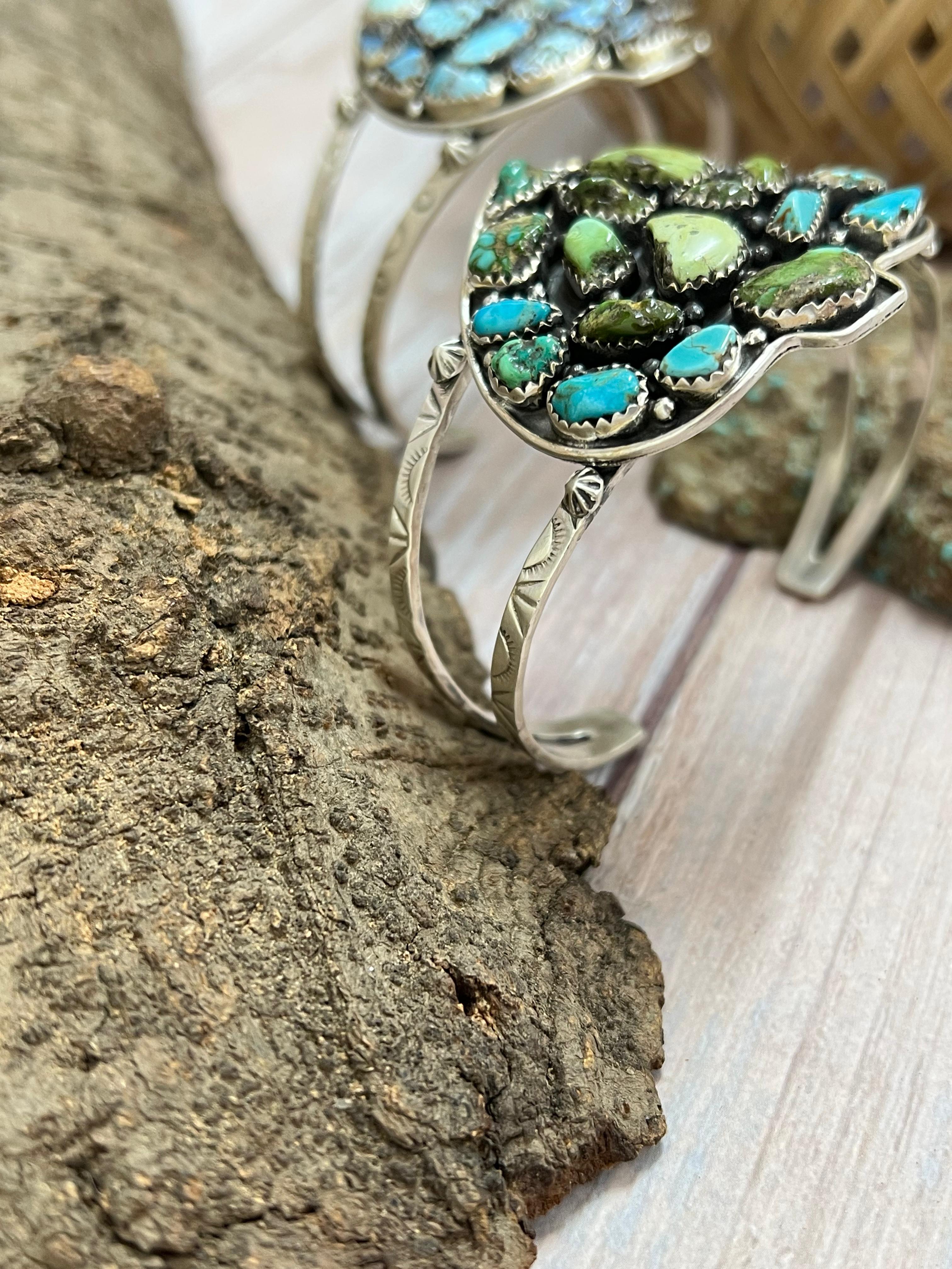 Handmade Sterling Silver Golden Hill, Sonoran Mountain Turquoise Spade Bracelet with Signed Nizhoni /