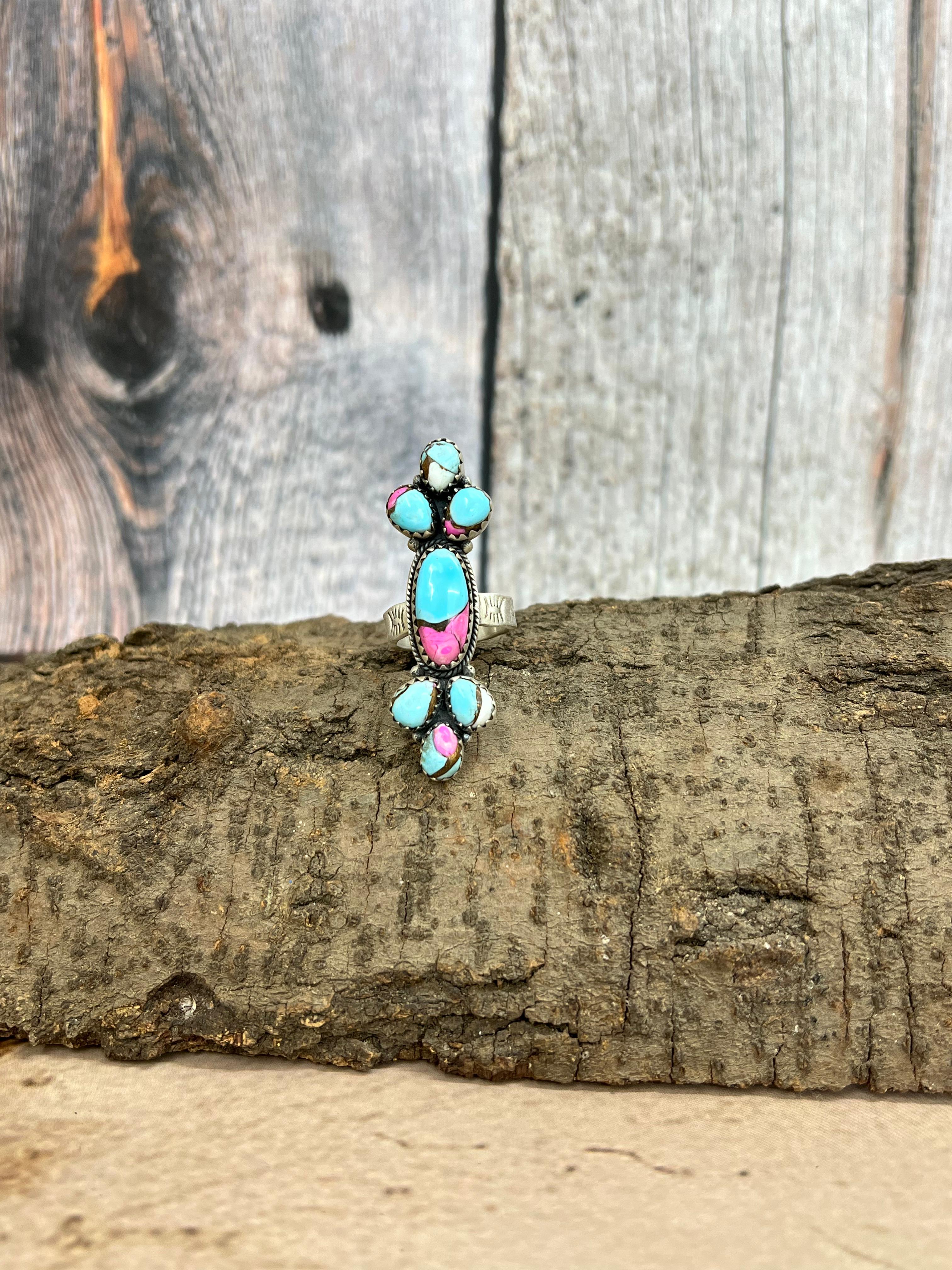 Handmade Sterling Silver Cotton Candy Turquoise Adjustable Rings with Signed Nizhoni