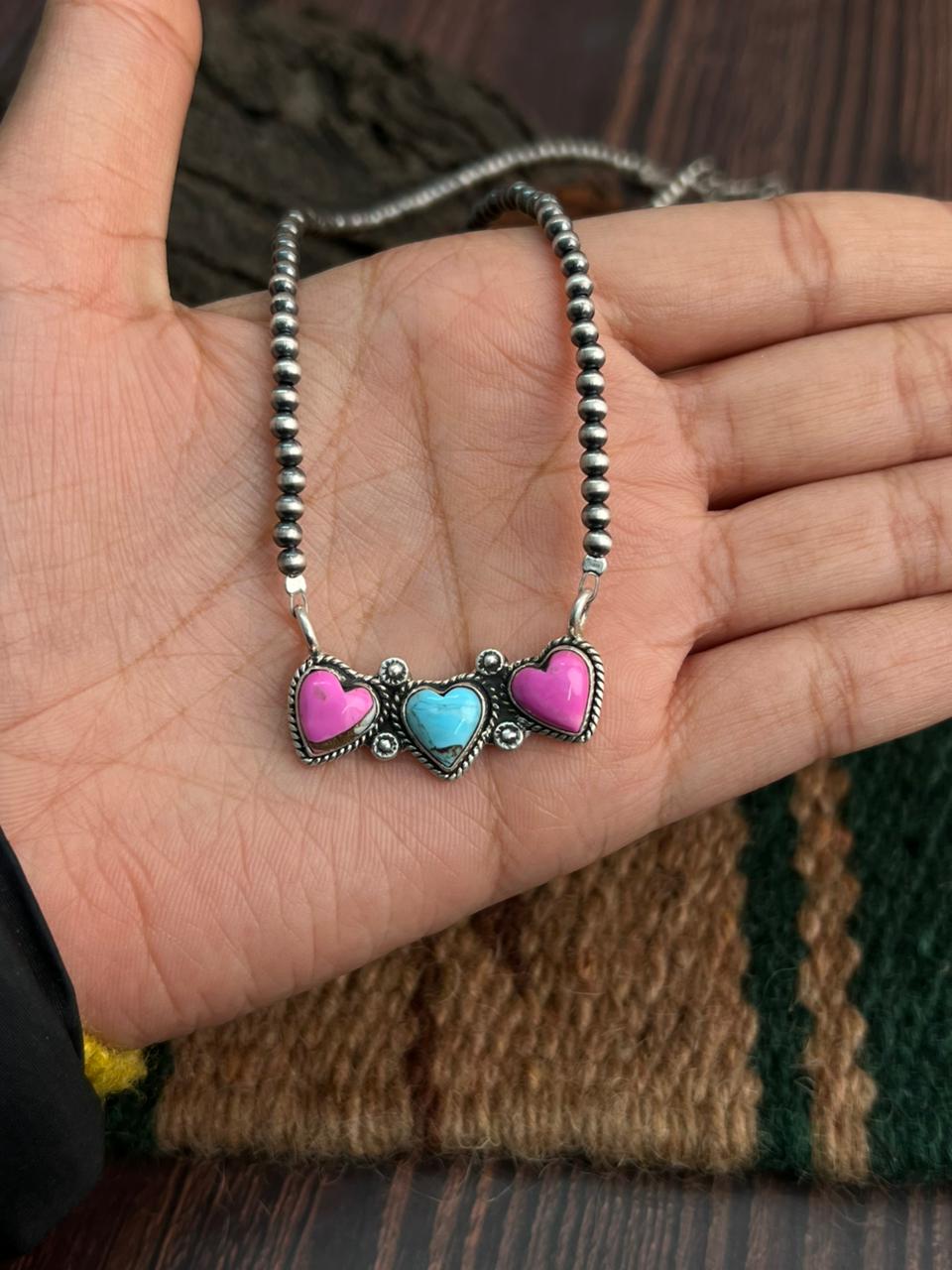 "Heart Collection" Handmade Sterling Silver Beaded Cotton Candy Necklace "Signed Nizhoni"