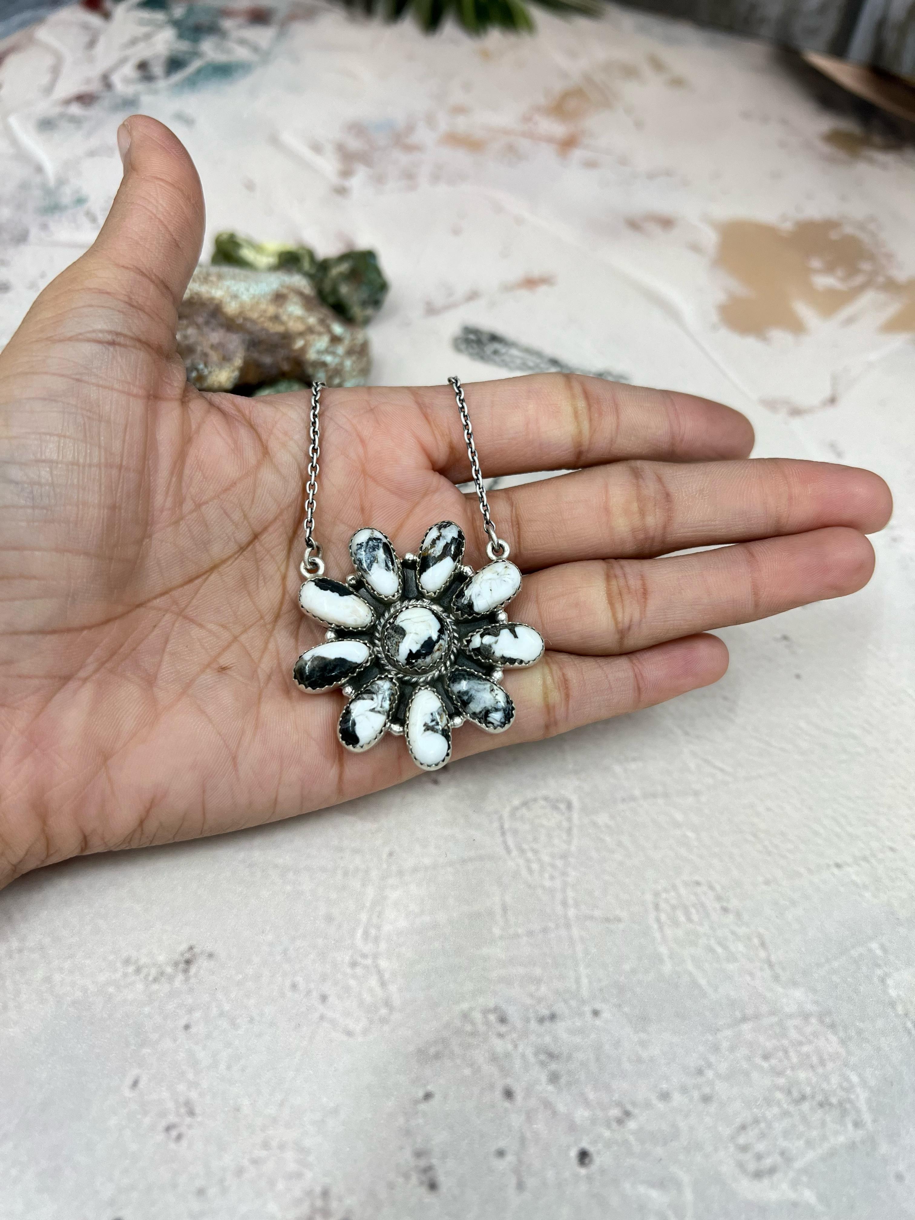 Handmade Sterling Silver White Buffalo Turquoise Flower Necklace with Signed Nizhoni