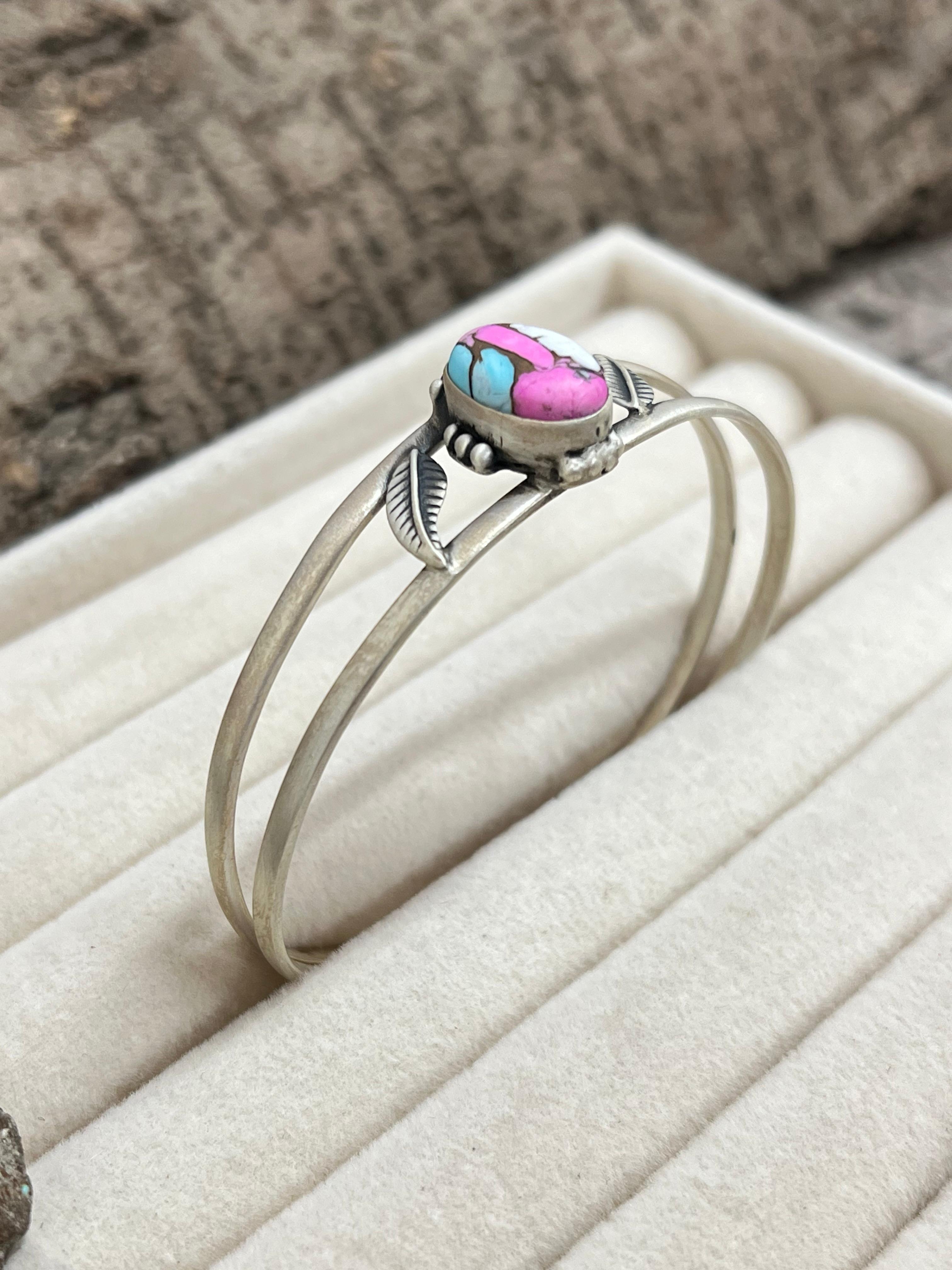 Handmade Sterling Silver Cotton Candy Turquoise Bracelet with Signed Nizhoni