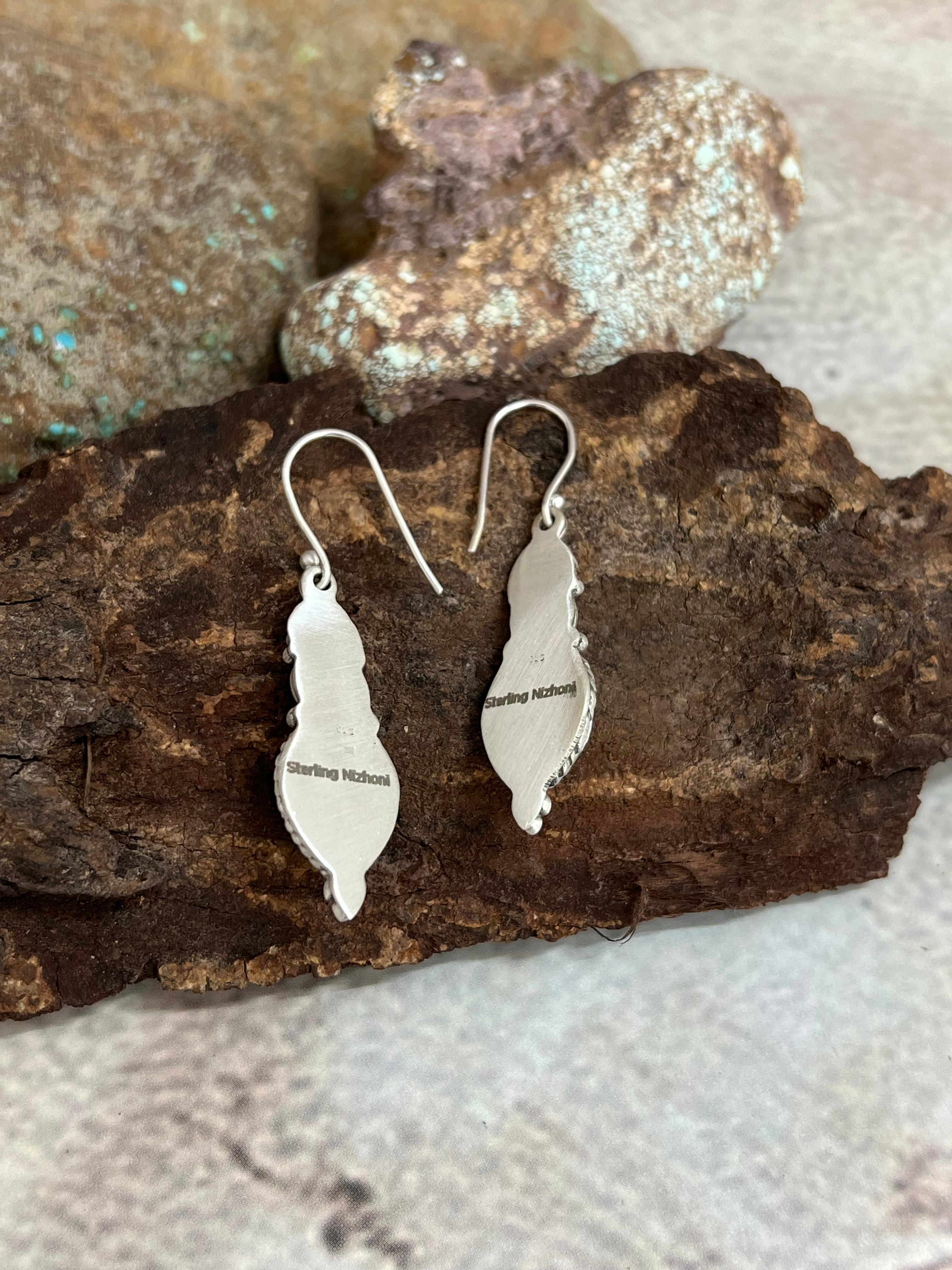 Handmade Sterling Silver Kingman Turquoise Hoop Dangle Earrings with Signed Nizhoni
