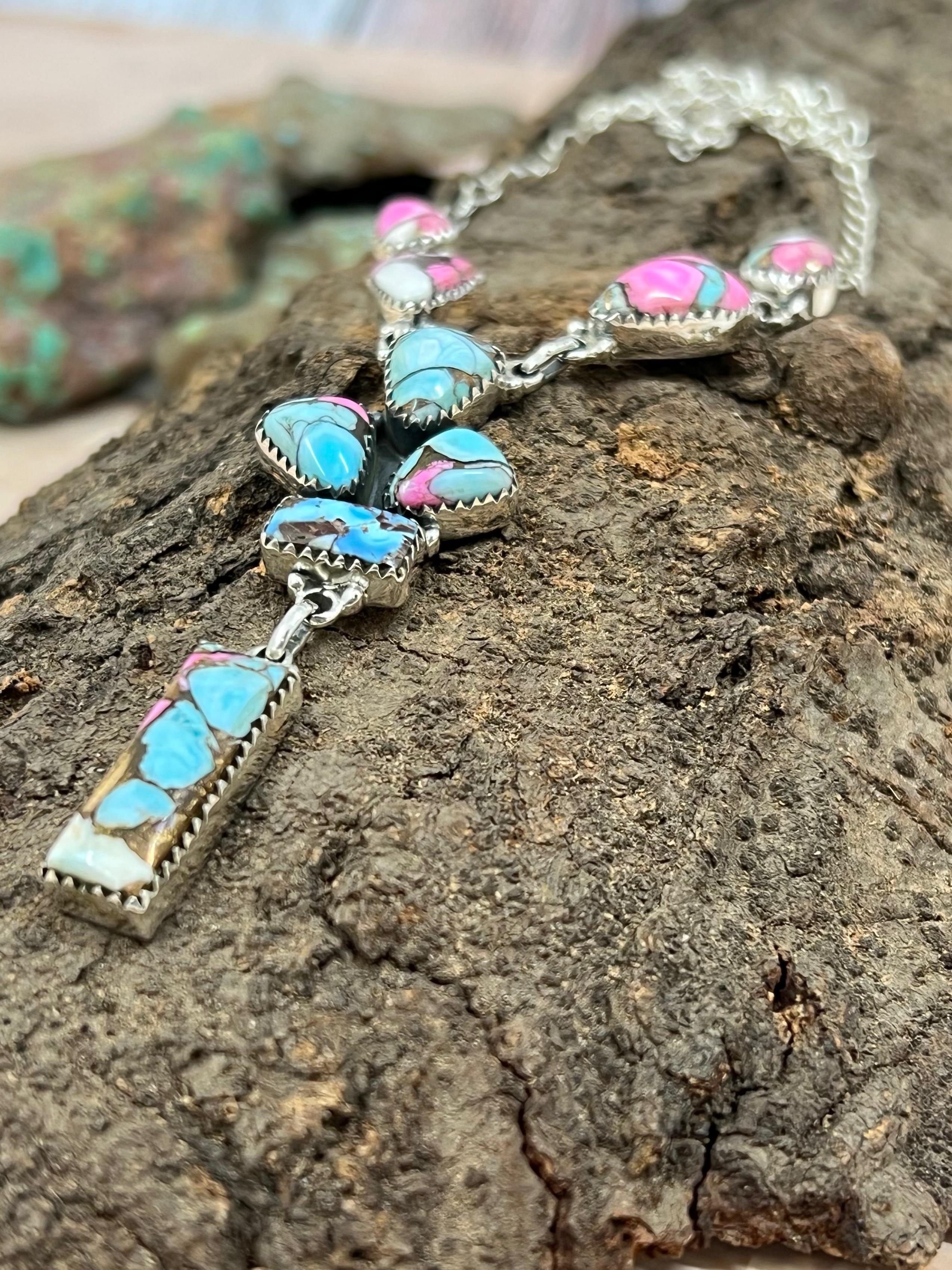 Handmade Sterling Silver Cotton Candy Turquoise Necklace with Signed Nizhoni