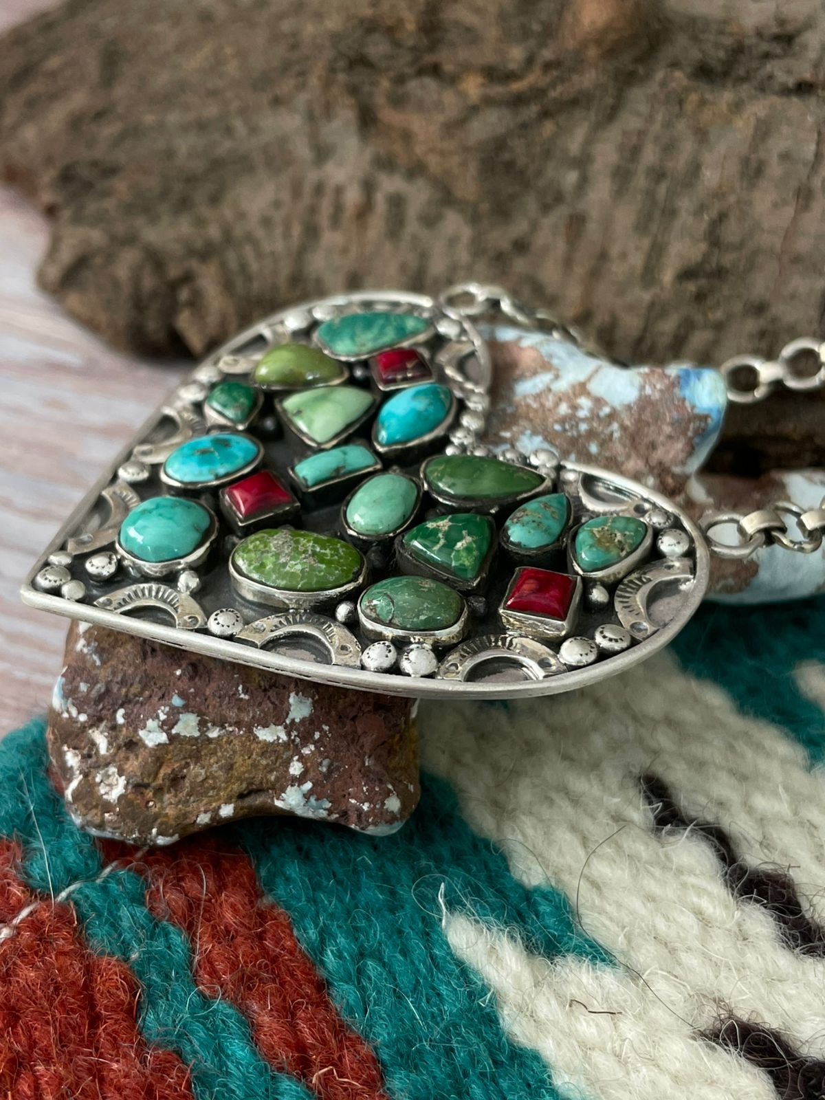 Handmade Sterling Silver Dahlia Rose with Emerald Valley Turquoise Necklace "Signed Nizhoni"