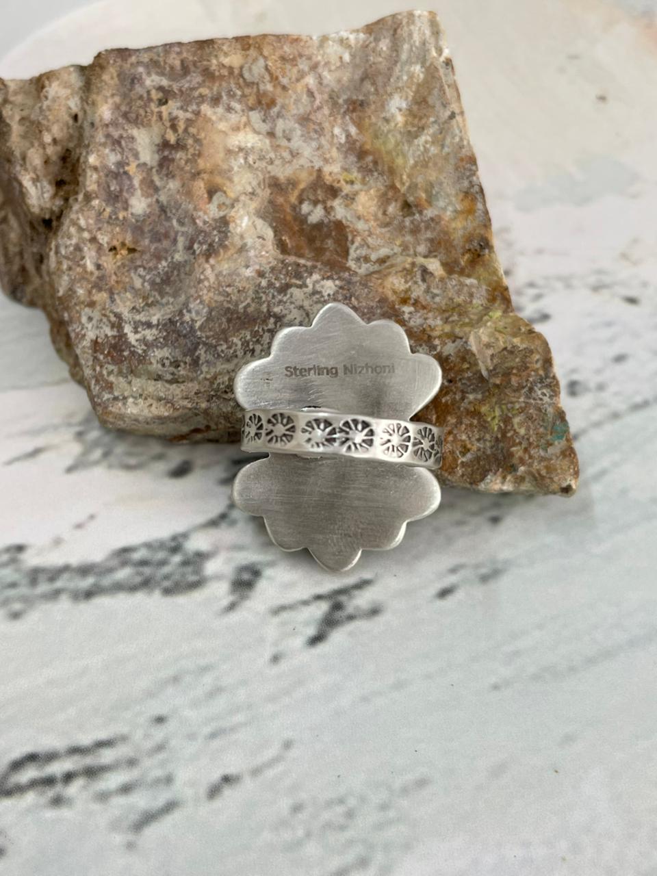 Handmade Sterling Silver Kingman Turquoise Adjustable Ring "Signed Nizhoni"