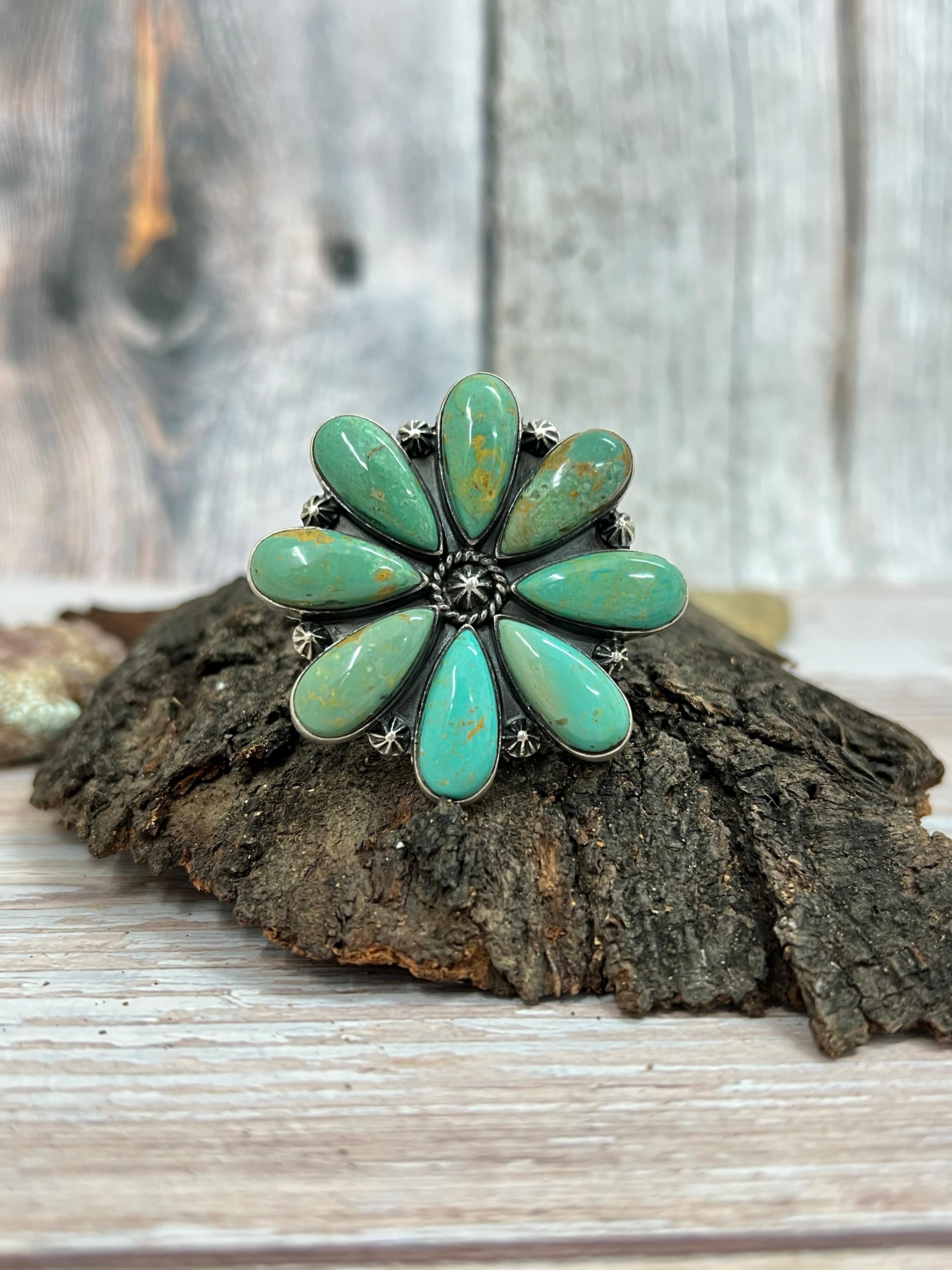 Handmade Sterling Silver Kingman Turquoise Adjustable Ring with Signed Nizhoni