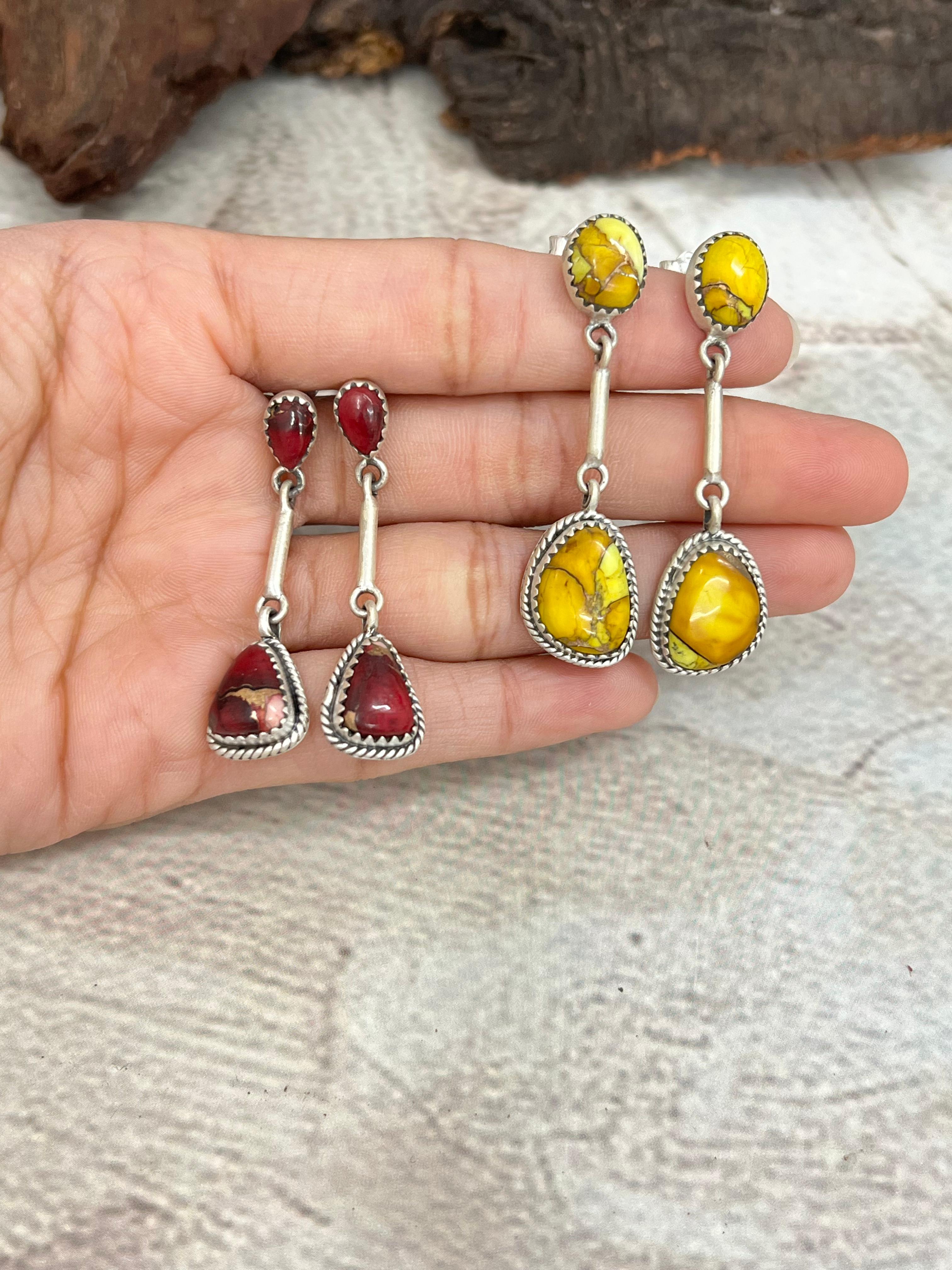 Handmade Sterling Silver Honey Dahlia, Red Rose Dangle Earrings with Signed Nizhoni