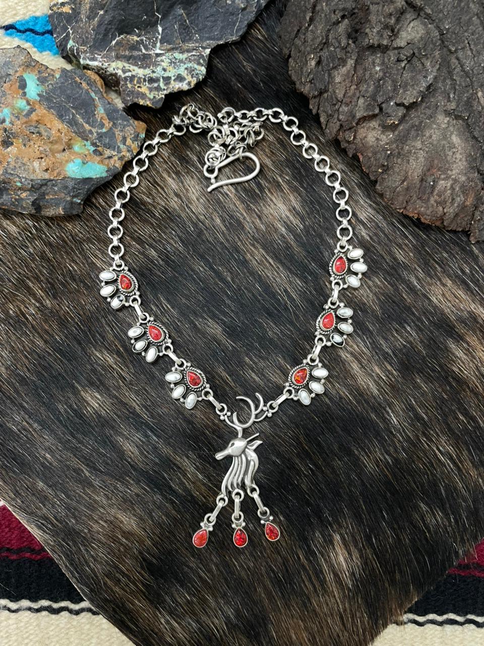 Handmade Sterling Silver White Buffalo with Red Opal Necklace "Signed Nizhoni"