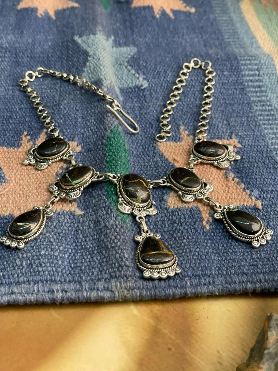 Handmade Sterling Silver Blackjack Turquoise Choker Necklace "Signed Nizhoni"