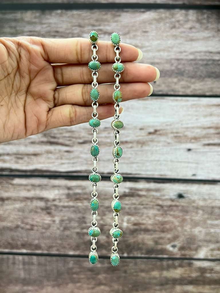 Handmade Sterling Silver Kingman Turquoise Post Dangle Earrings "Signed Nizhoni"