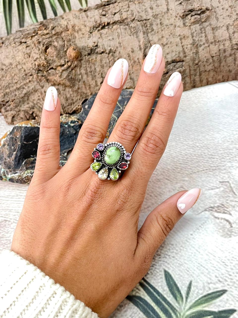 Handmade Sterling Silver Sonoran with Cut Stones Adjustable Ring "Signed Nizhoni"