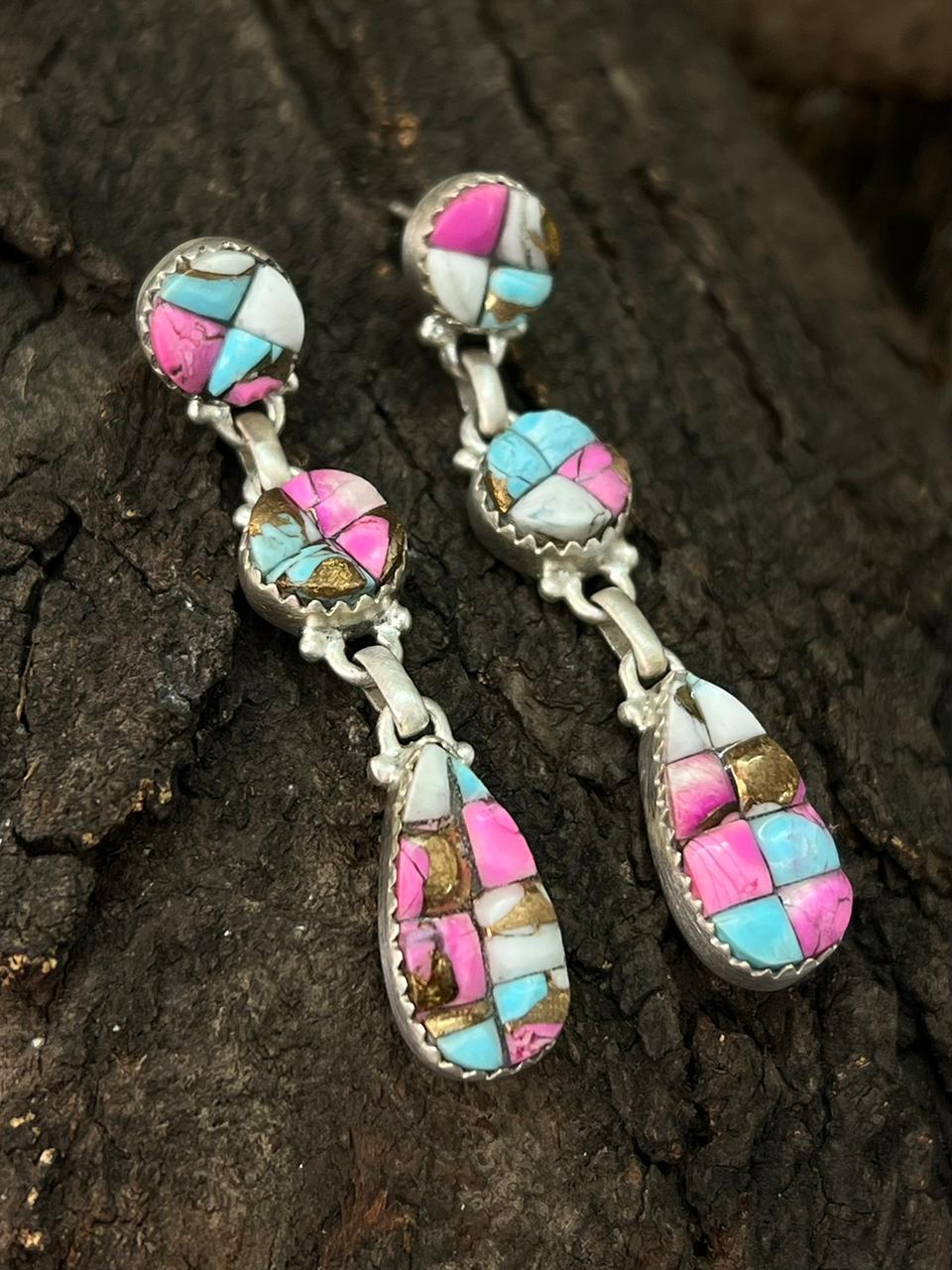 Handmade Sterling Silver Cotton Candy Post Dangle Earrings "Signed Nizhoni"