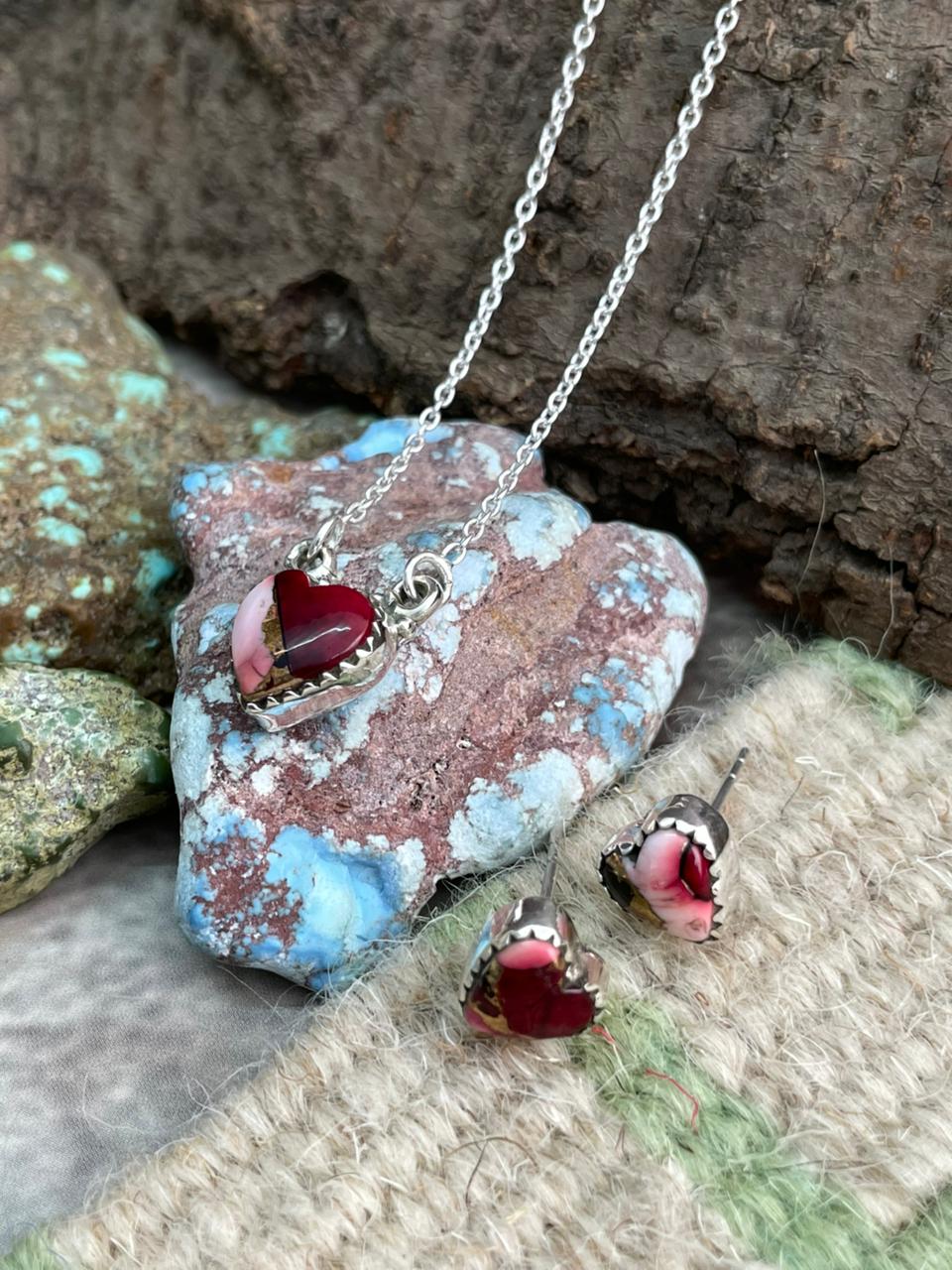 Handmade Sterling Silver Dahlia Rose Heart Necklace Earrings Set "Signed Nizhoni"