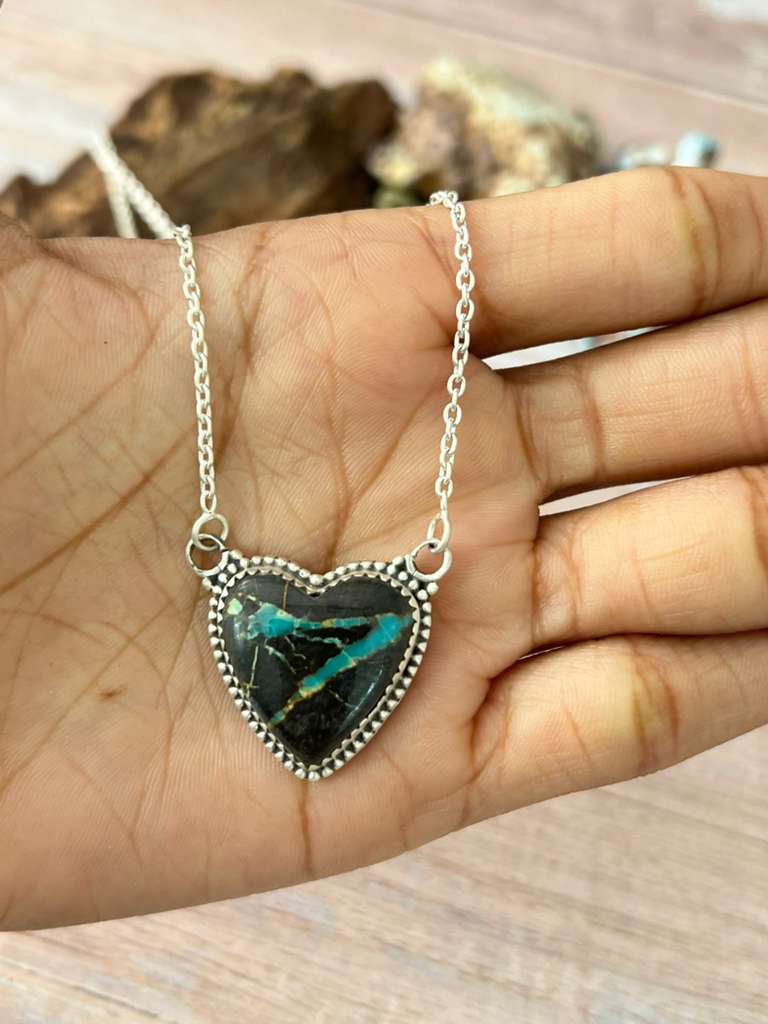 Handmade Sterling Silver Blackjack Turquoise Heart Necklace with Signed Nizhoni (4)