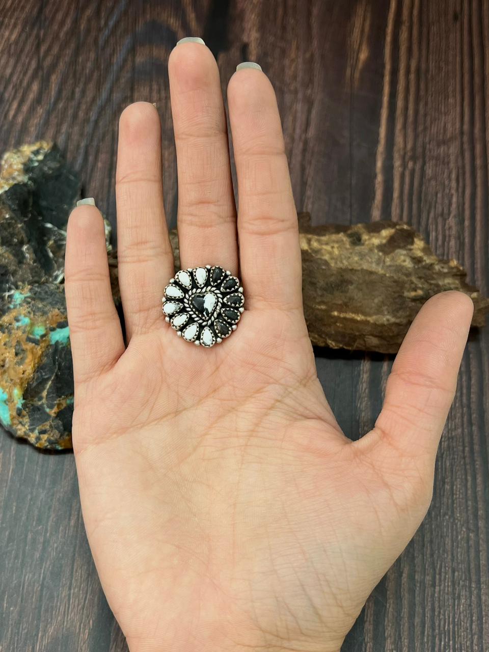 Handmade Sterling Silver White Buffalo Heart Adjustable Ring "Singed Nizhoni"