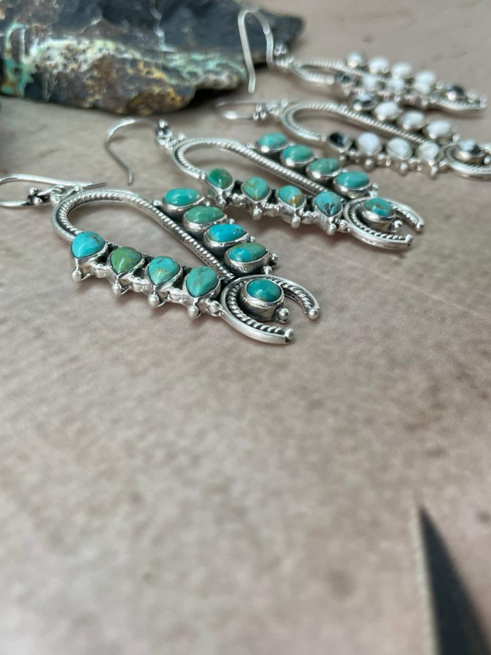 Handmade Sterling Silver Kingman, White Buffalo Hook Dangle Earrings "Signed Nizhoni" (4)