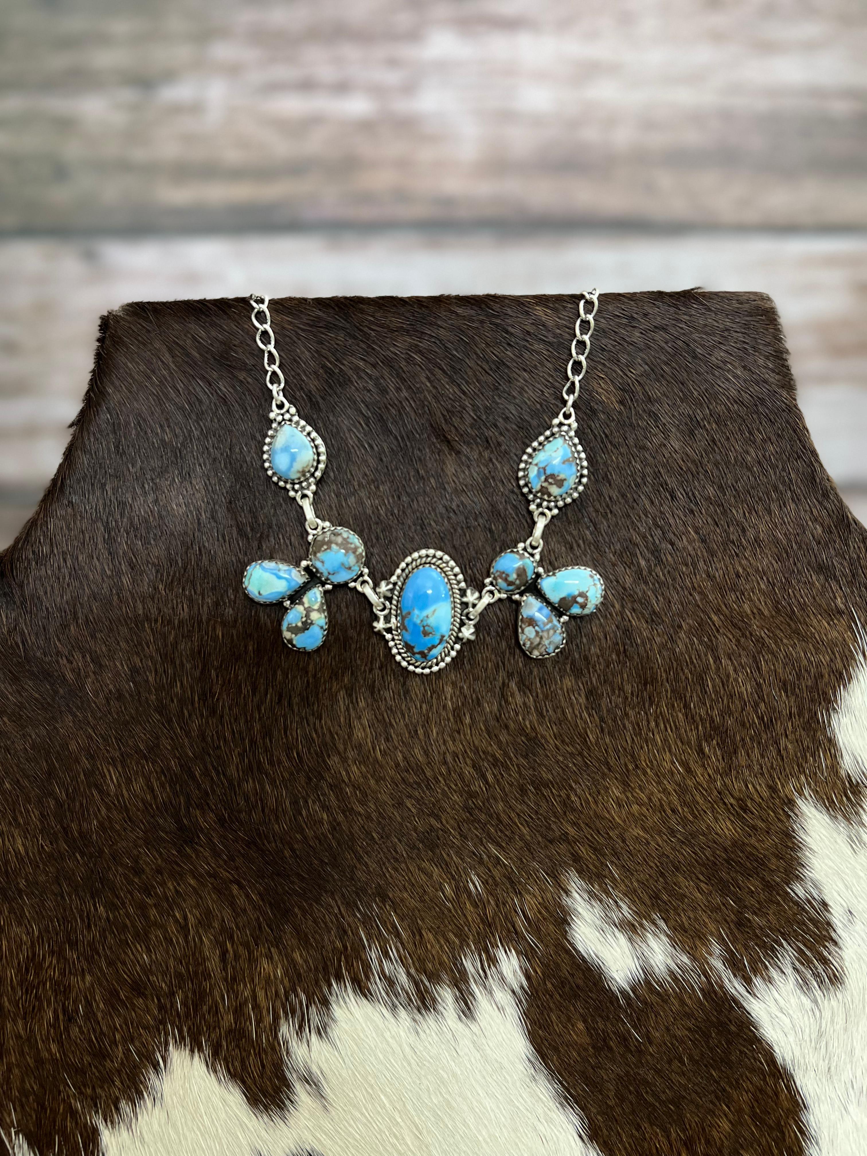 Handmade Sterling Silver Golden Hills Turquoise Necklace with Signed Nizhoni