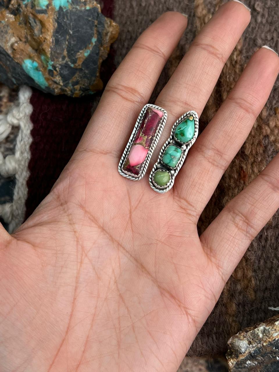 Handmade Sterling Silver Dahlia Rose With Emerald Valley Turquoise Ring "Signed Nizhoni"