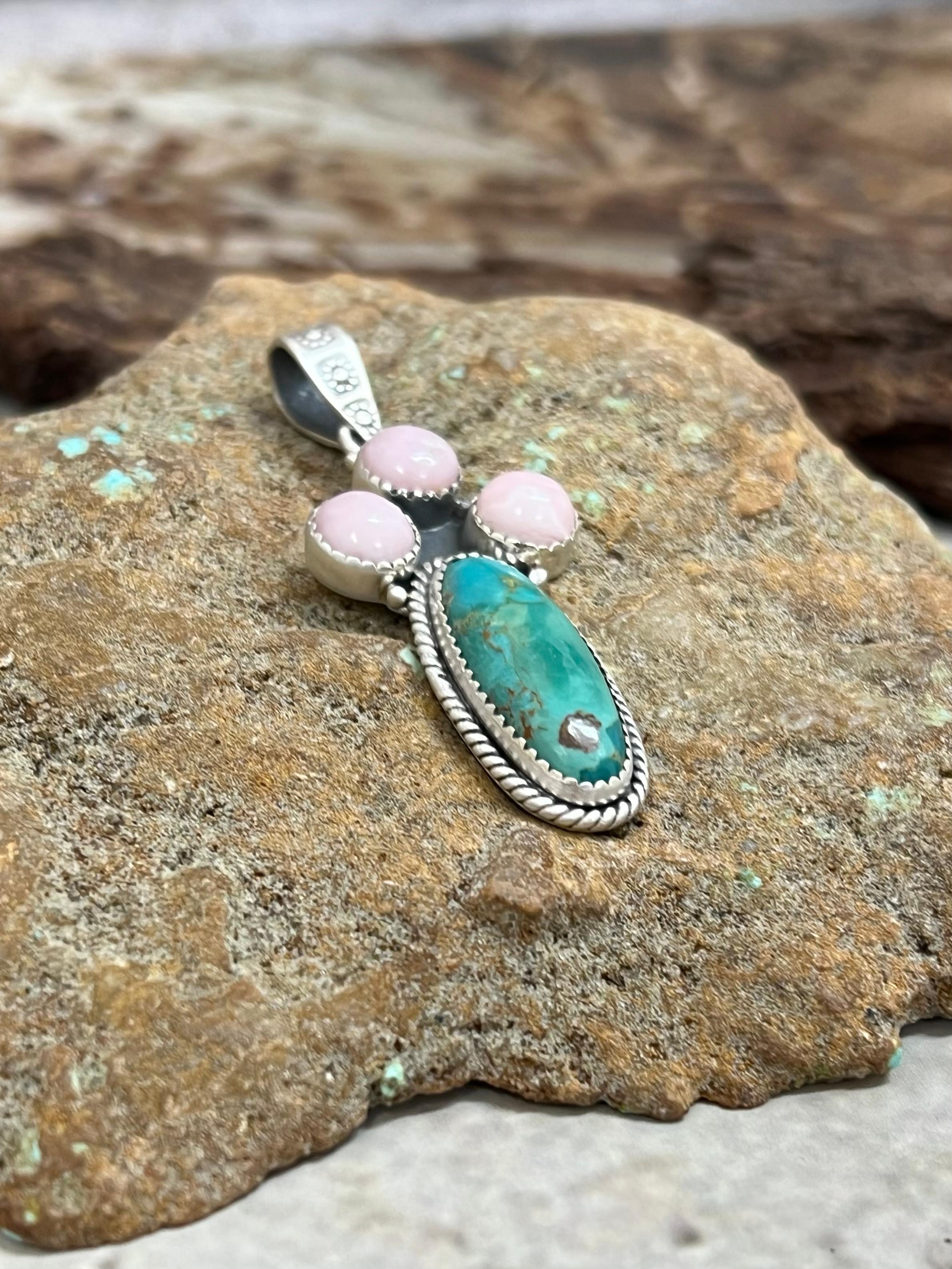 Handmade Sterling Silver Kingman with Pink Opal Pendant Signed Nizhoni