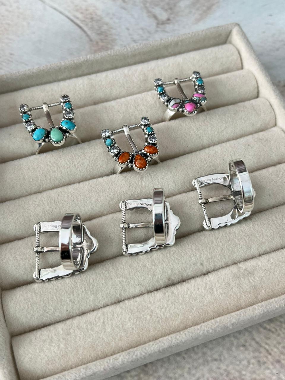 Handmade Sterling Silver Multi Stone Adjustable Buckle Ring " Signed Nizhoni"