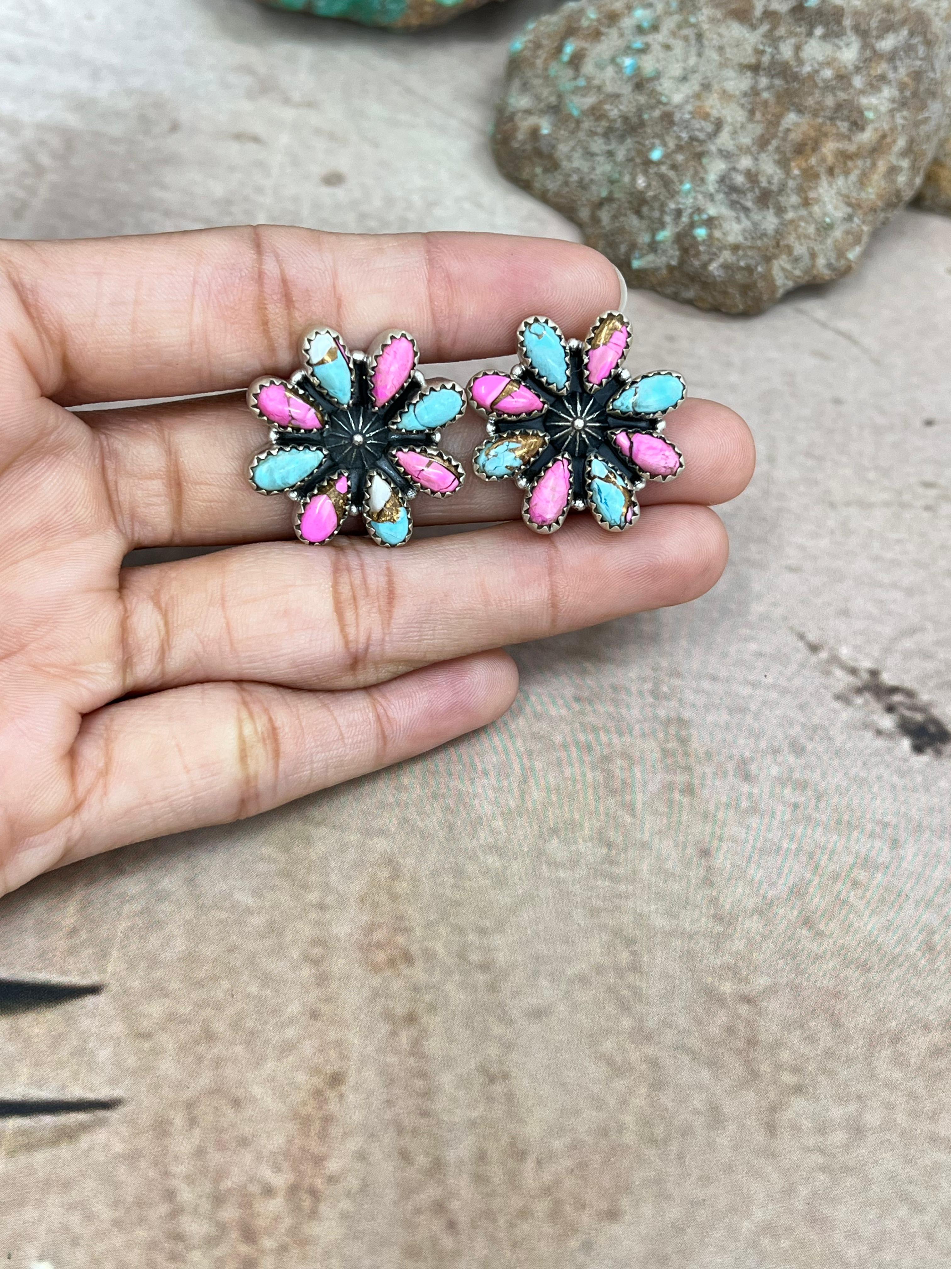 Handmade Sterling Silver Cotton Candy Turquoise Flower Post Earrings with Signed Nizhoni