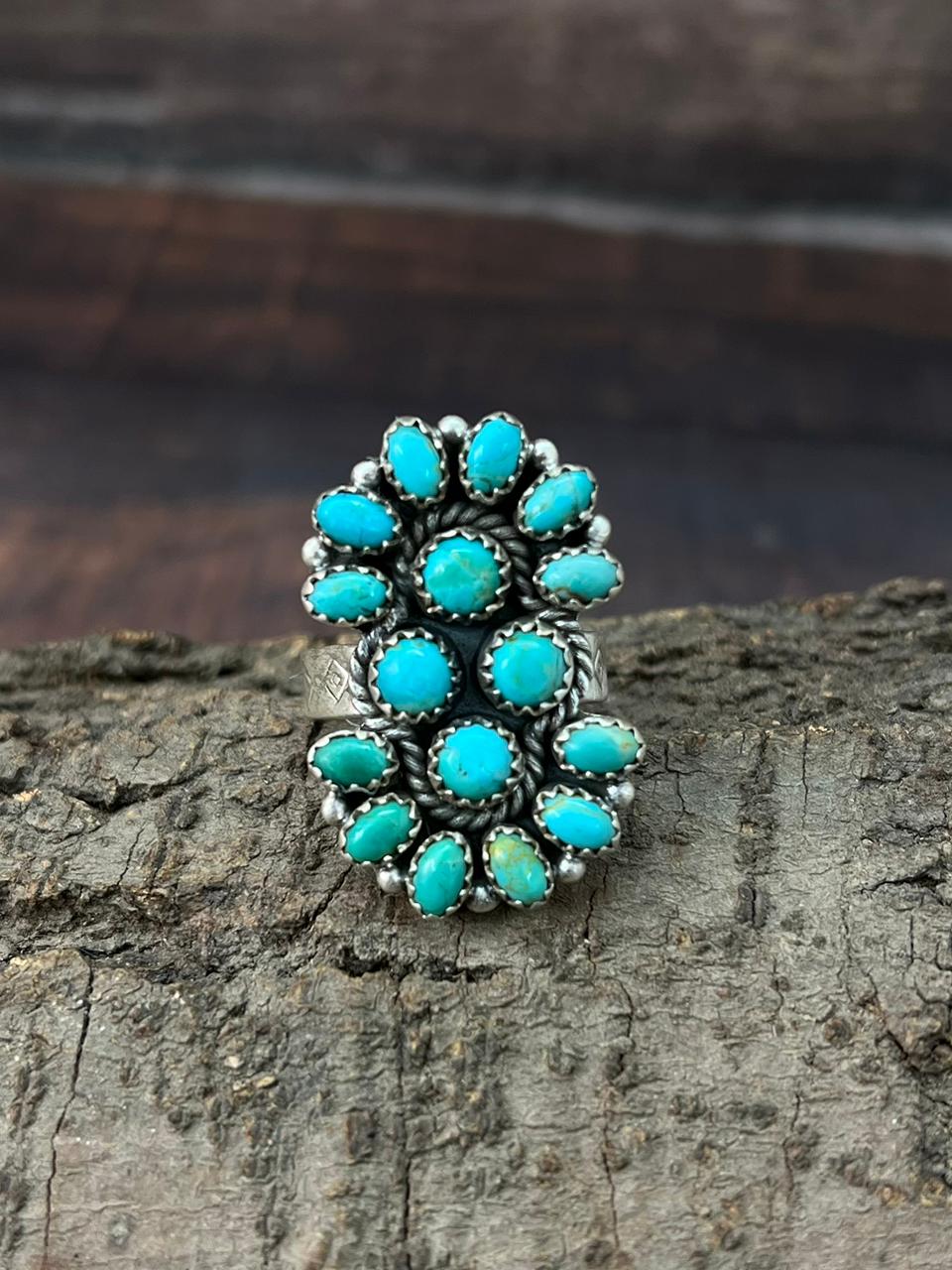 Handmade Sterling Silver Kingman Turquoise Adjustable Ring "Signed Nizhoni"