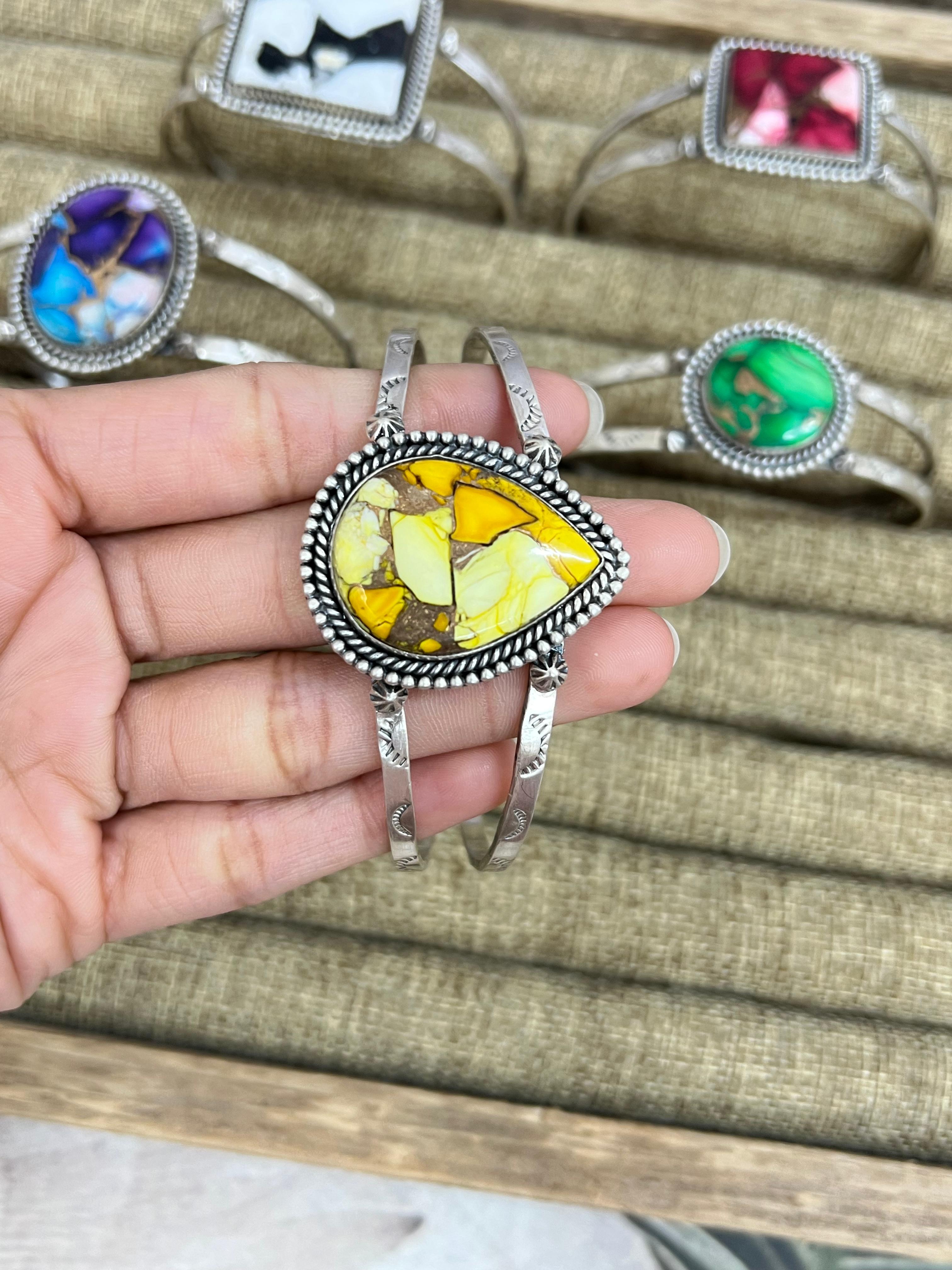 Handmade Sterling Silver Multi Stone Cuff Bracelet with Signed Nizhoni (1)