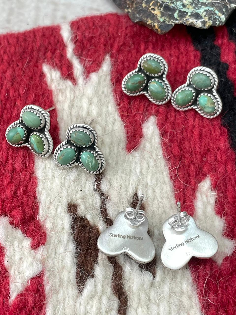 Handmade Sterling Silver Kingman Turquoise Post Studs Earrings "Signed Nizhoni"