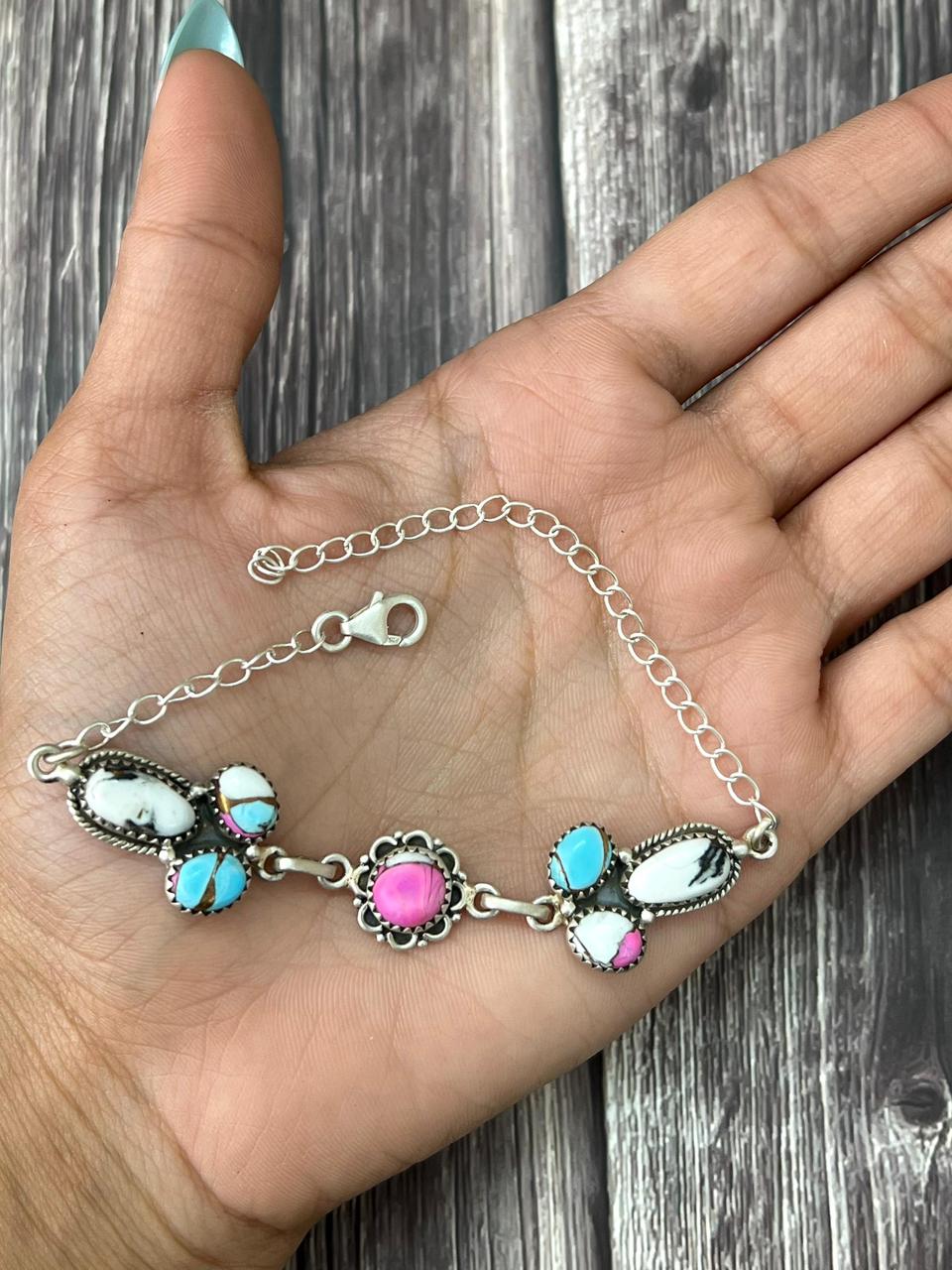 Handmade Sterling Silver Cotton Candy with White Buffalo Chain Bracelet "Signed Nizhoni"
