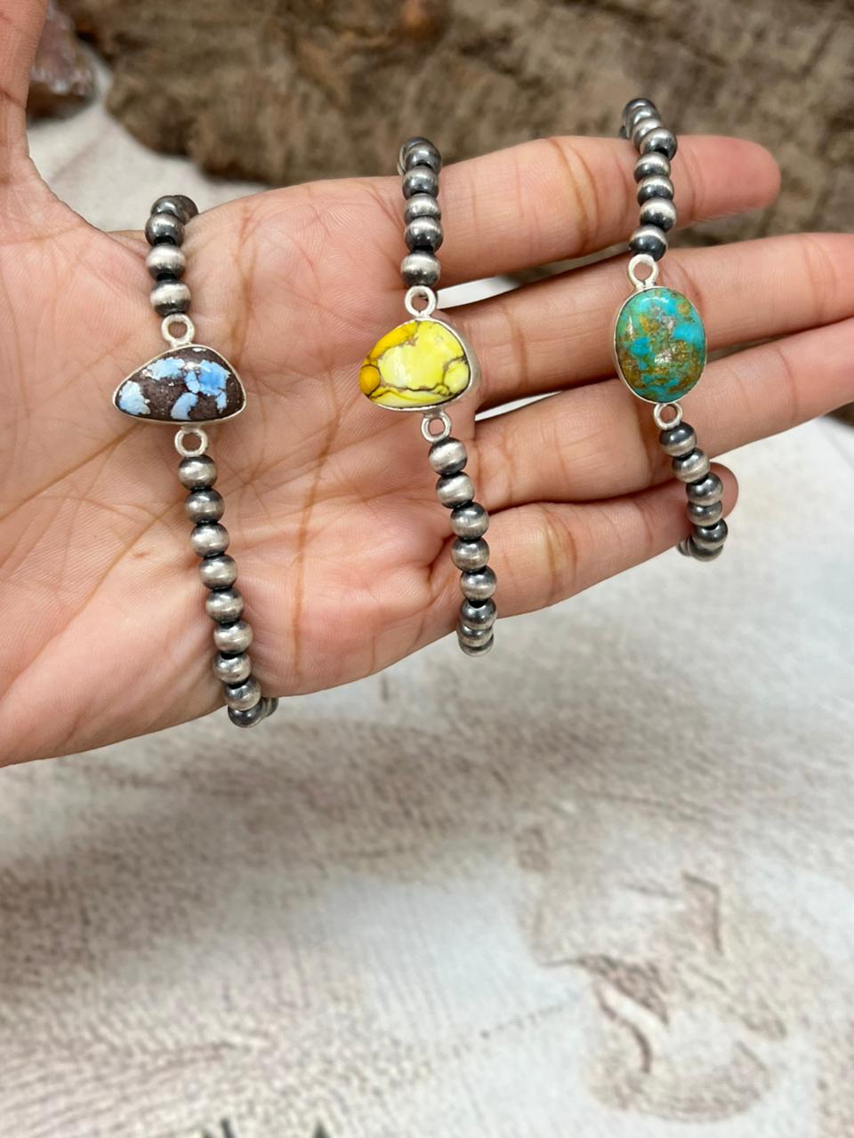 Handmade Sterling Silver Beaded Multi Stone Chain Bracelet with Signed Nizhoni