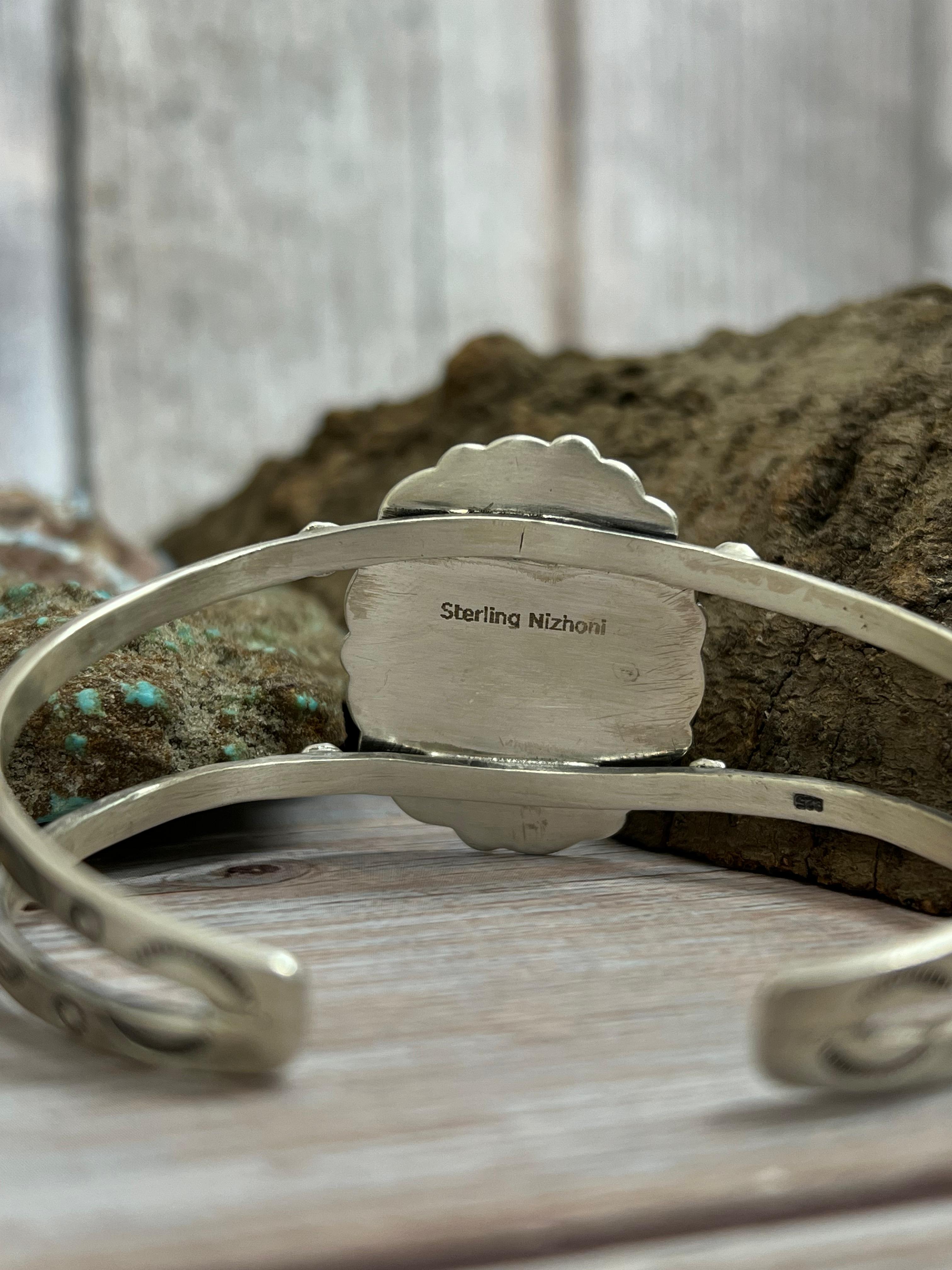 Handmade Sterling Silver Black Jack Cuff Bracelet with Signed Nizhoni